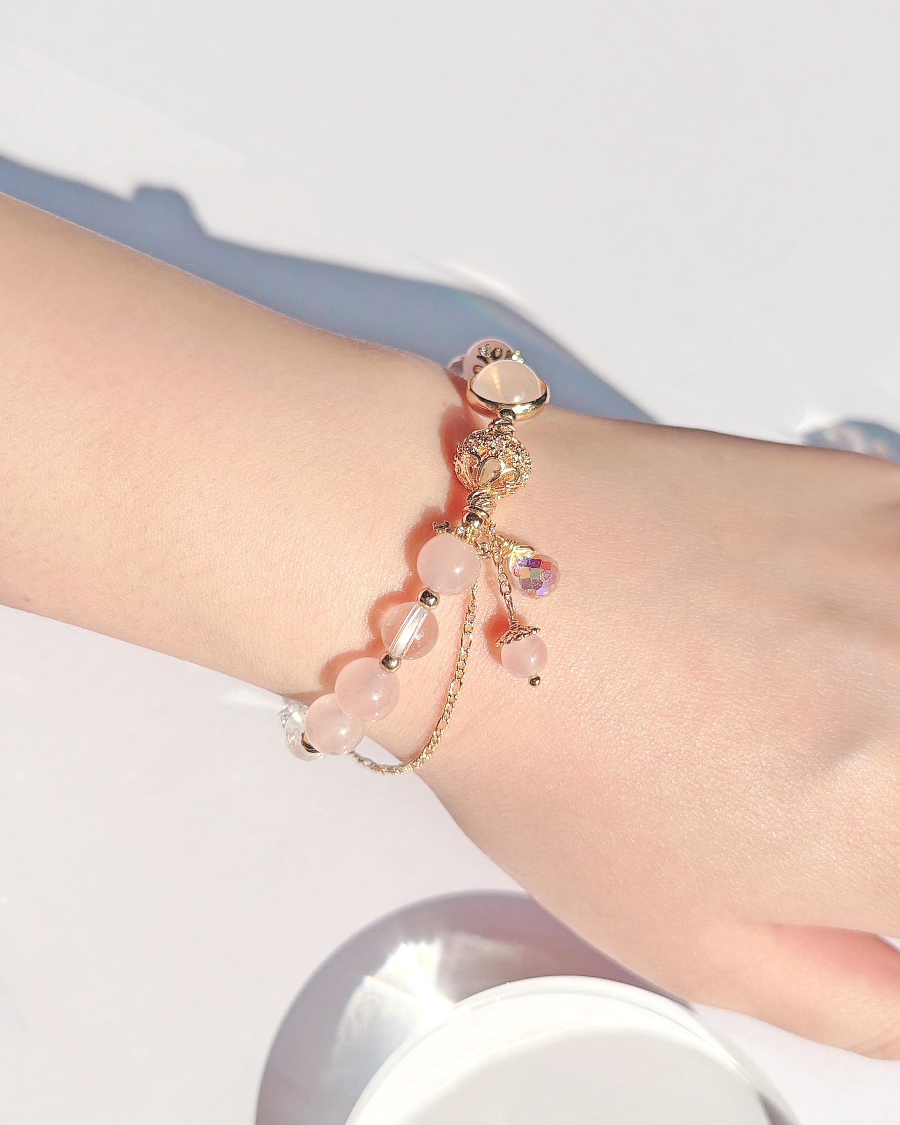 粉水晶月光石白水晶14K包金手鍊