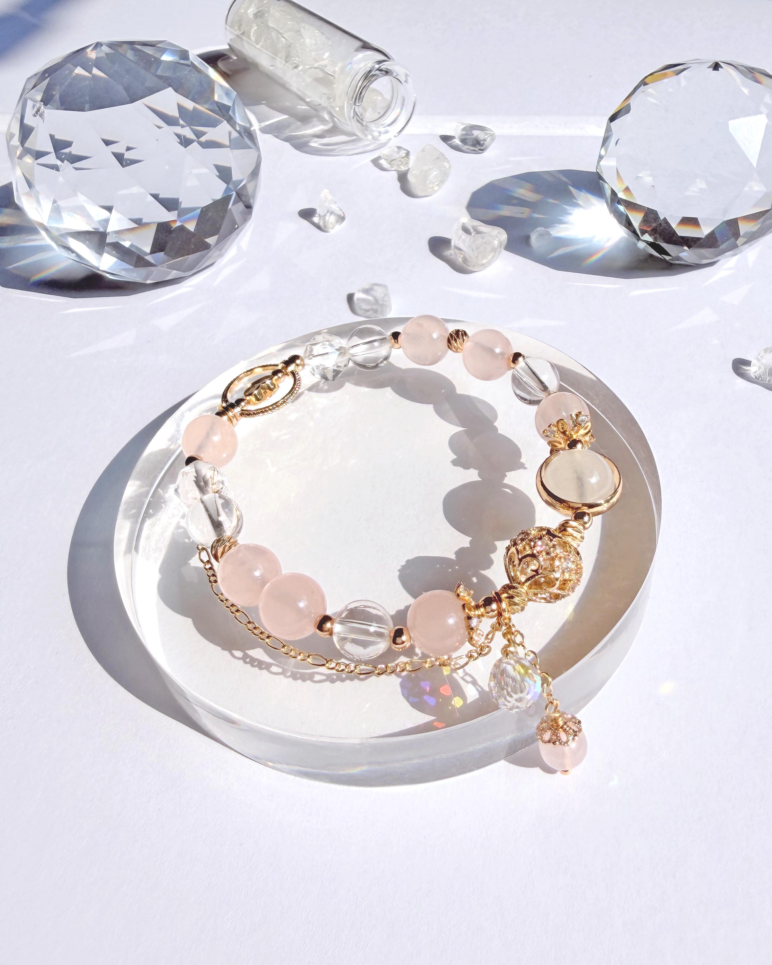 粉水晶月光石白水晶14K包金手鍊