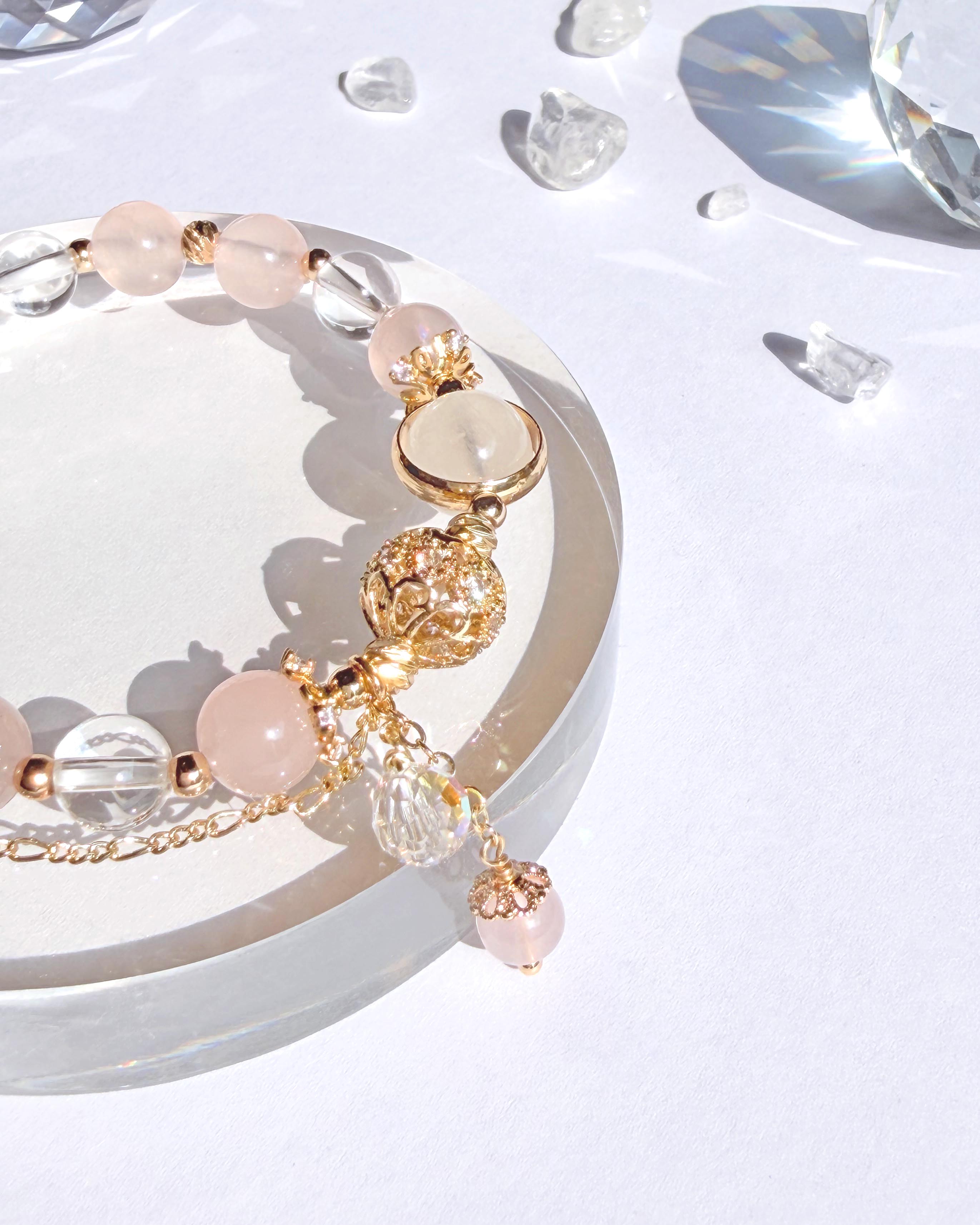 粉水晶月光石白水晶14K包金手鍊