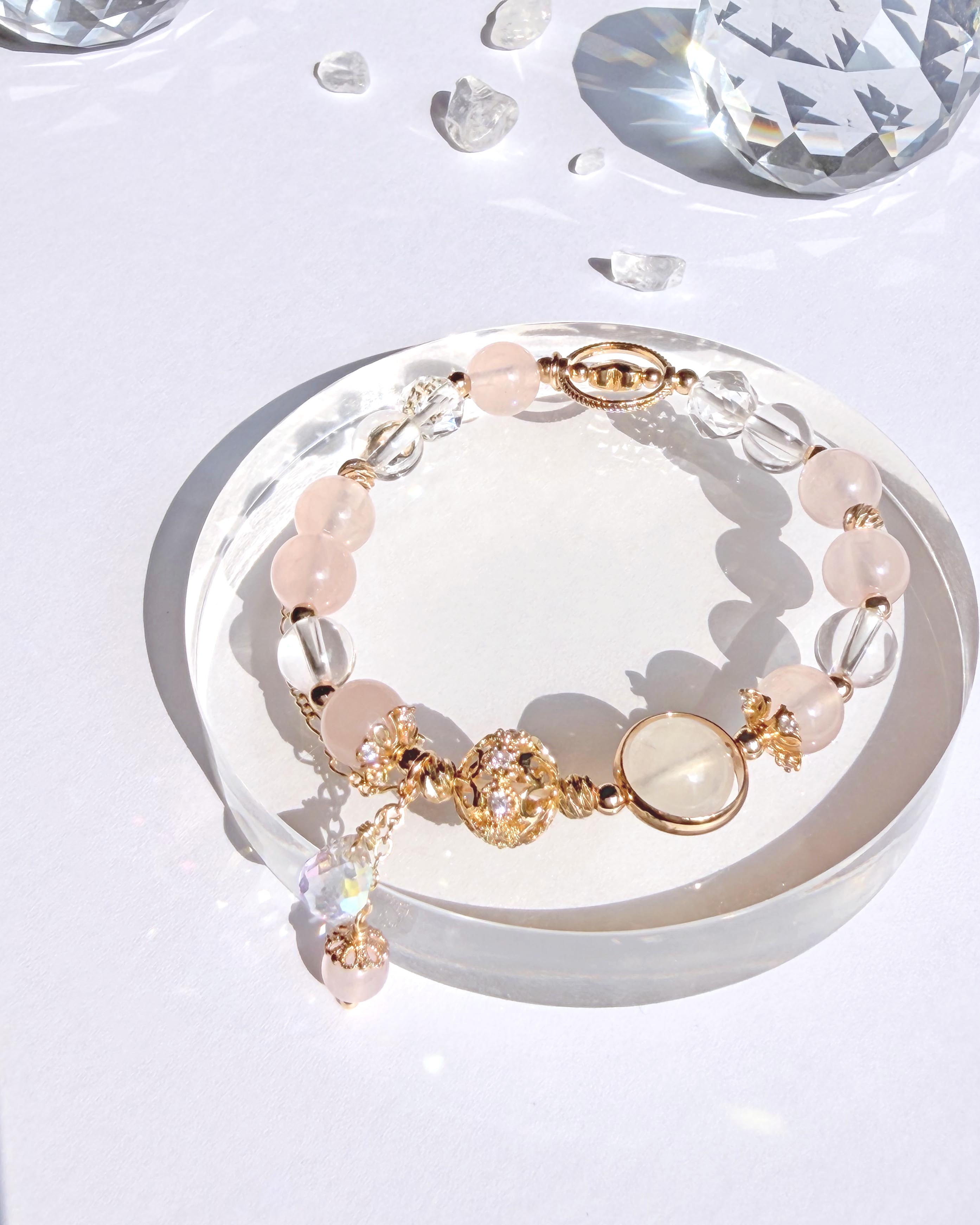 粉水晶月光石白水晶14K包金手鍊