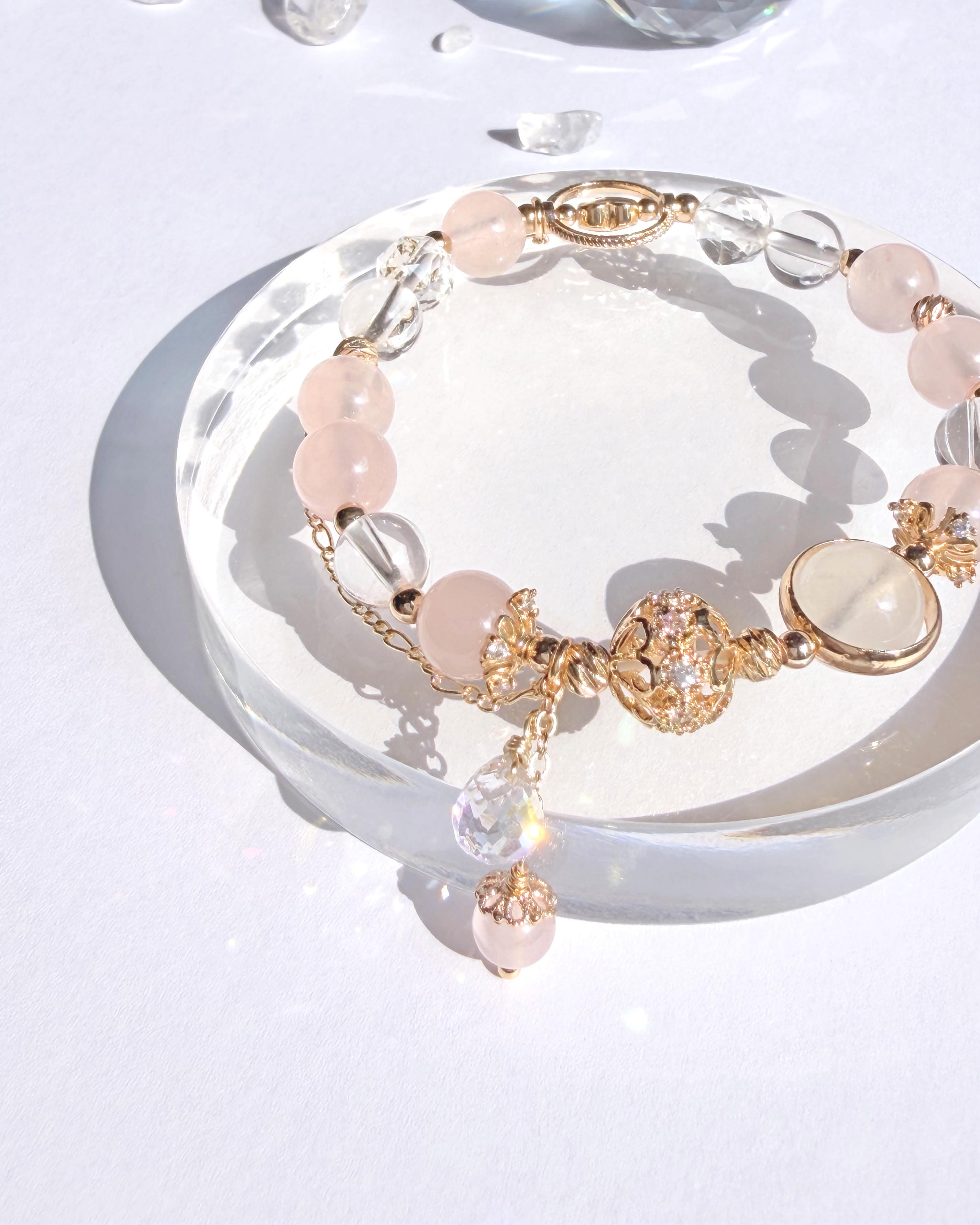 粉水晶月光石白水晶14K包金手鍊
