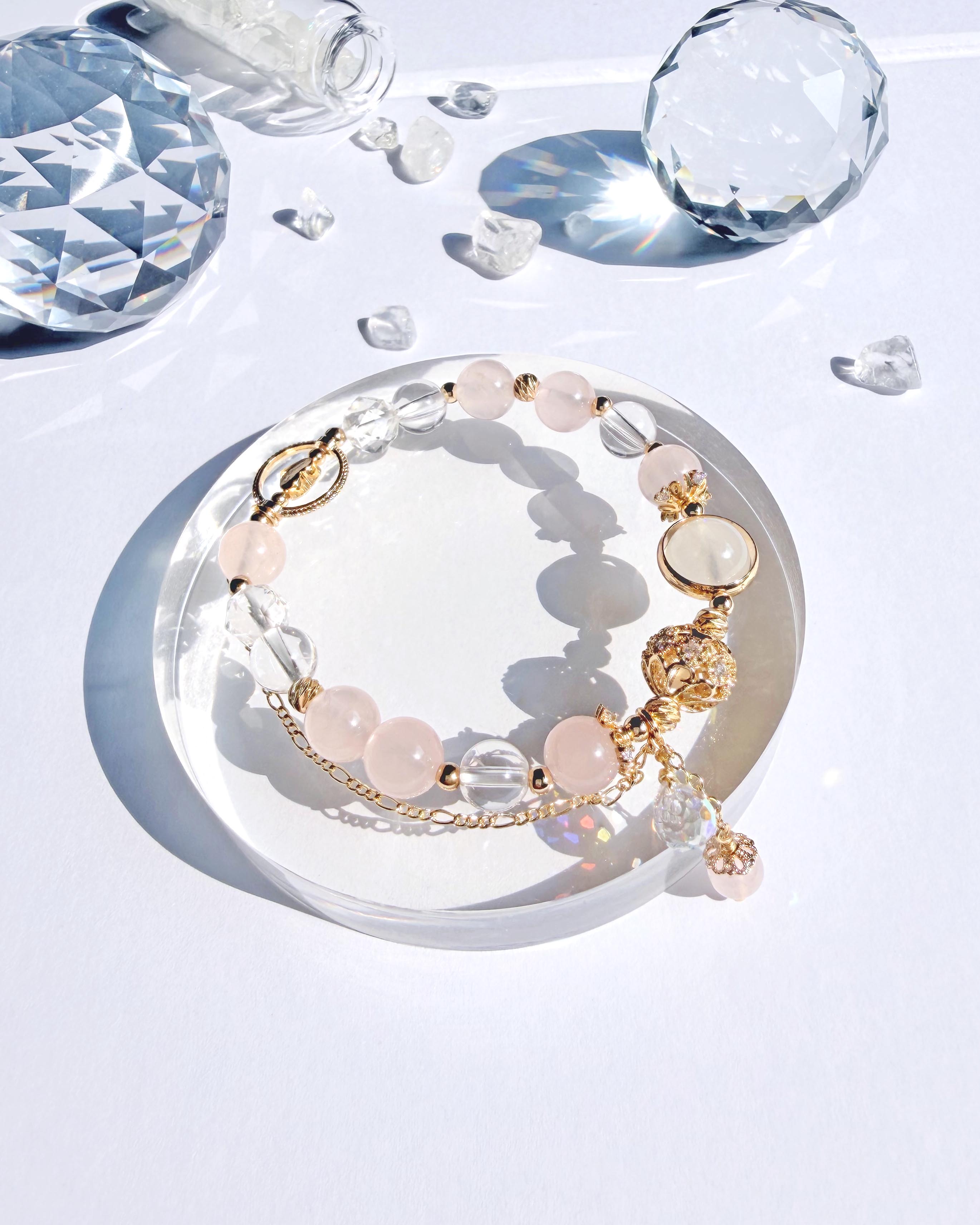 粉水晶月光石白水晶14K包金手鍊