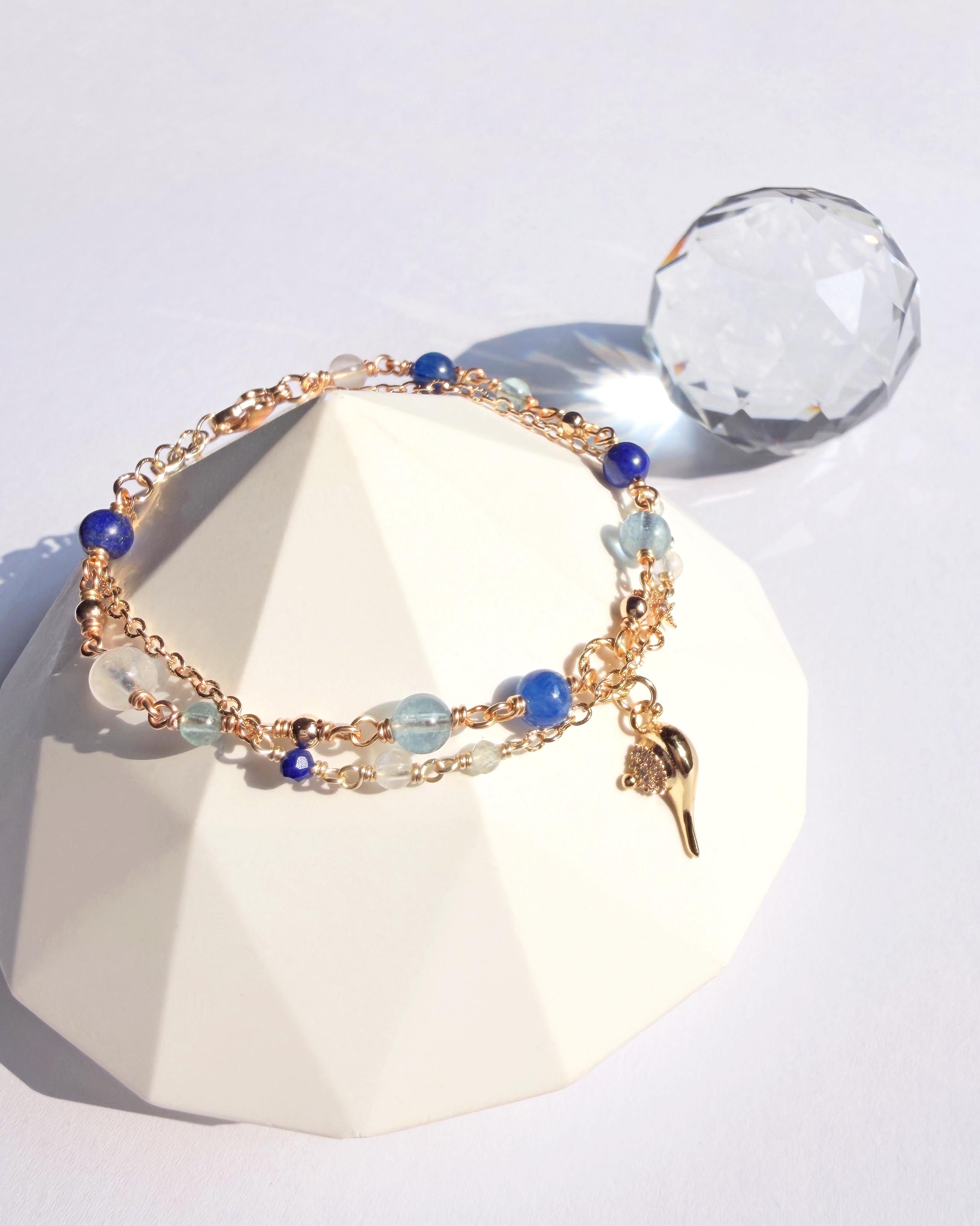 藍晶石海藍寶磷灰石青金石月光石 Make a wish 14K包金手鍊