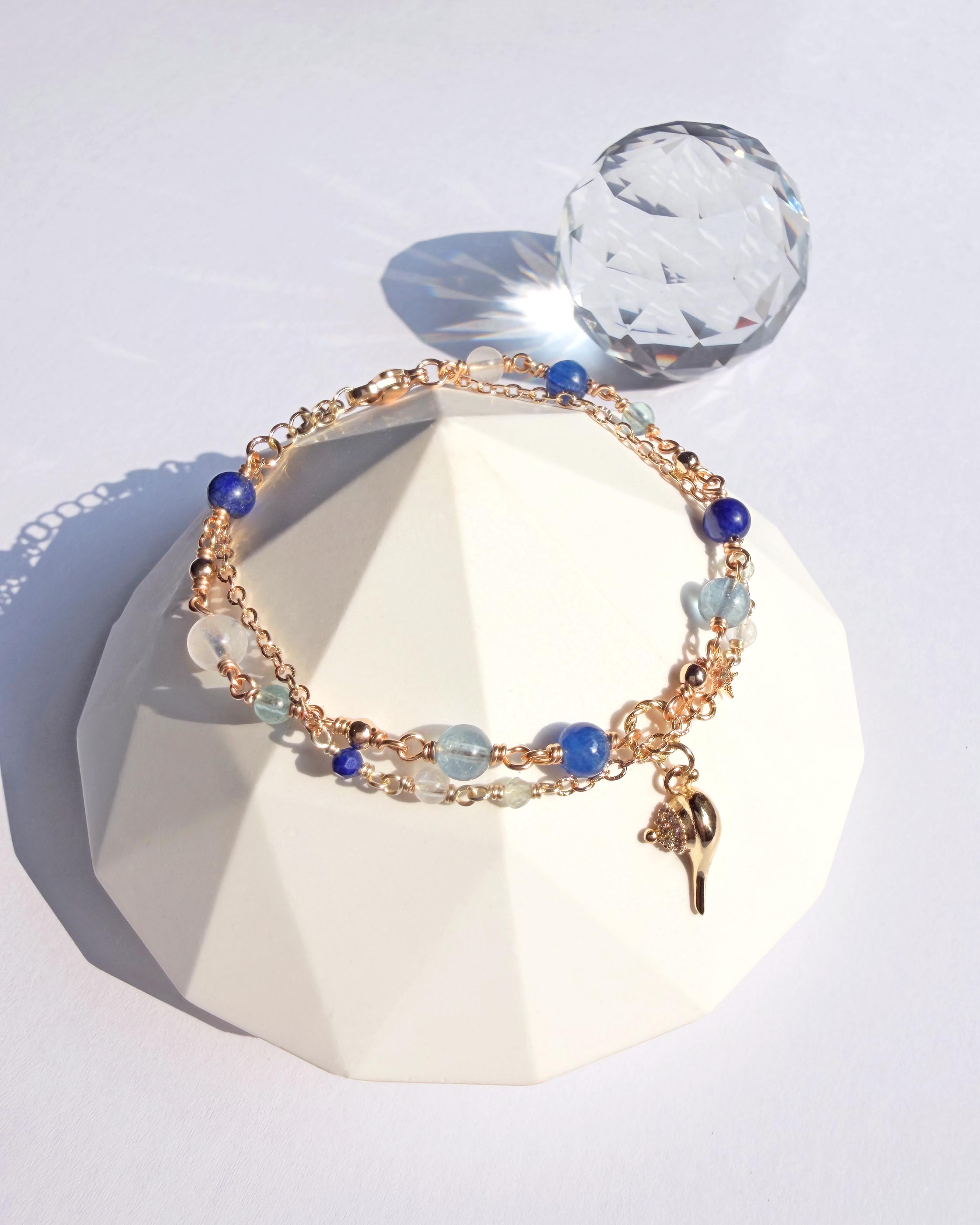藍晶石海藍寶磷灰石青金石月光石 Make a wish 14K包金手鍊