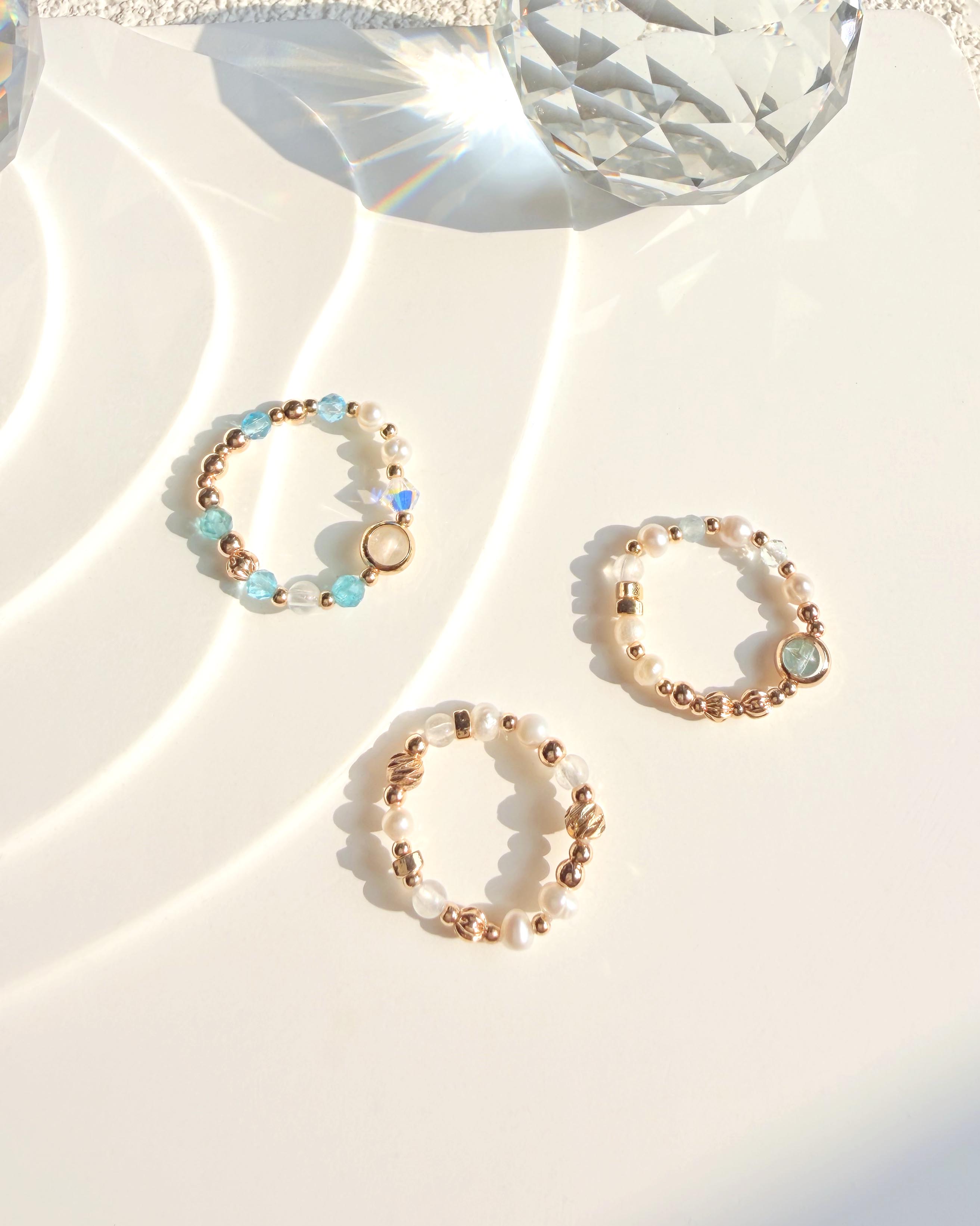 天然水晶 淡水珍珠 蔚藍海岸系列 14K包金彈性戒指