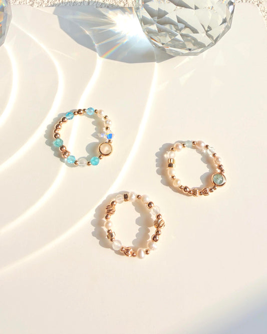 天然水晶 淡水珍珠 蔚藍海岸系列 14K包金彈性戒指