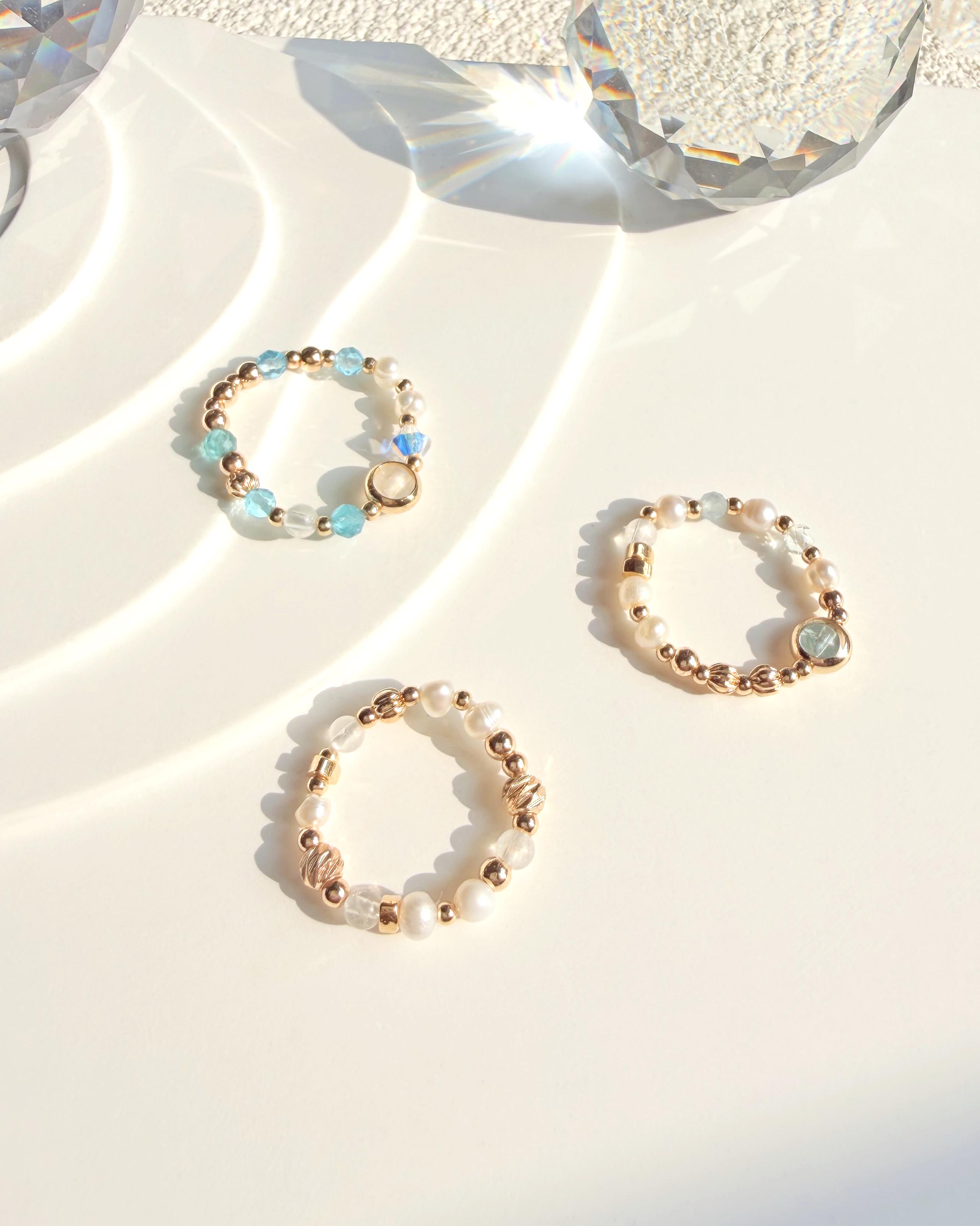 天然水晶 淡水珍珠 蔚藍海岸系列 14K包金彈性戒指