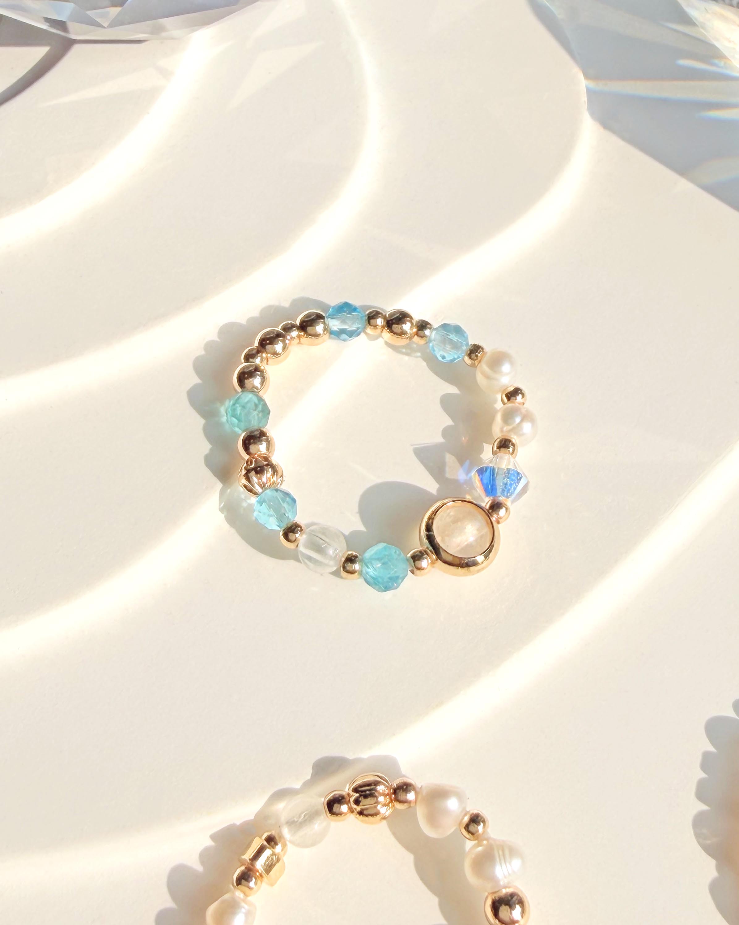 天然水晶 淡水珍珠 蔚藍海岸系列 14K包金彈性戒指