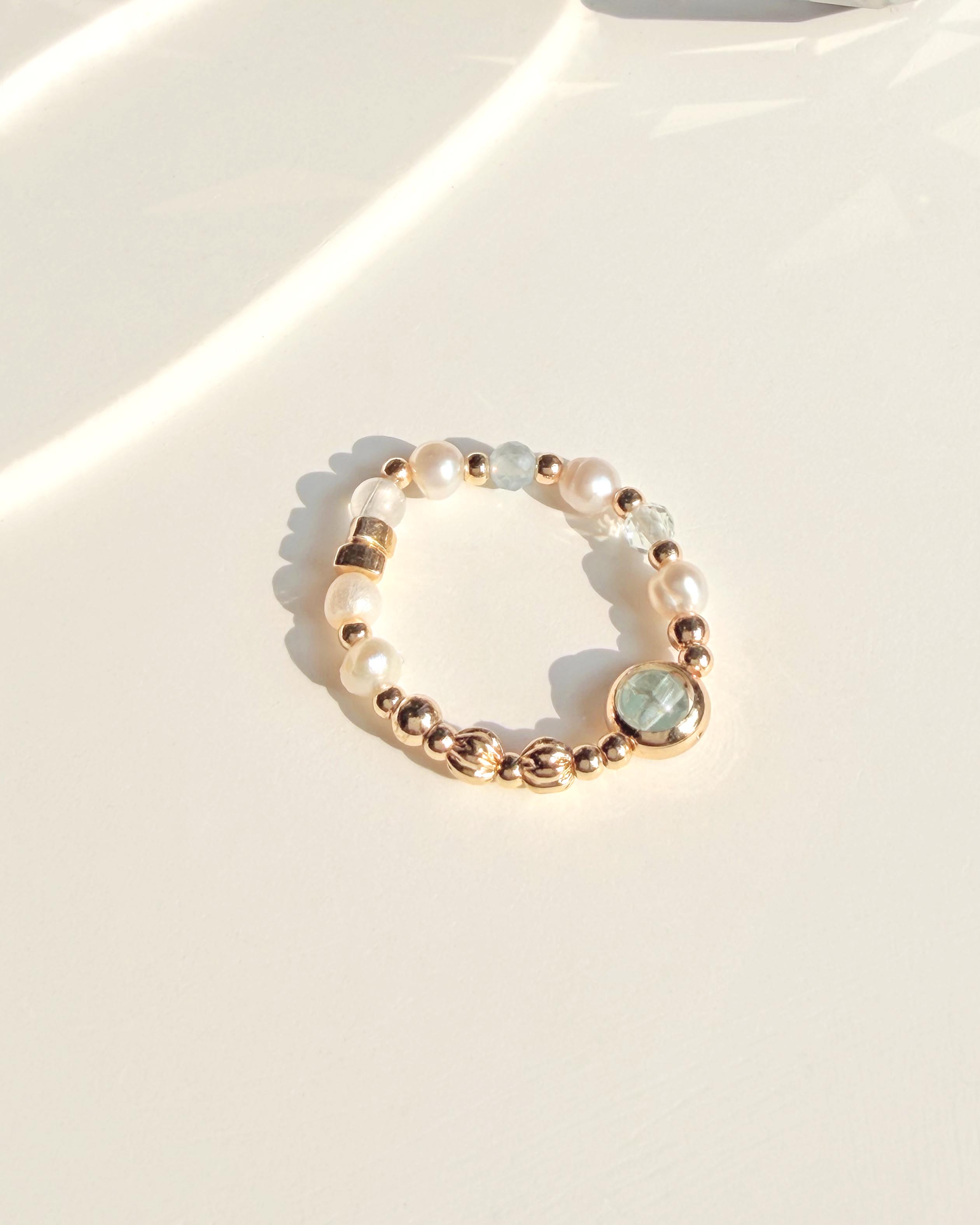 天然水晶 淡水珍珠 蔚藍海岸系列 14K包金彈性戒指