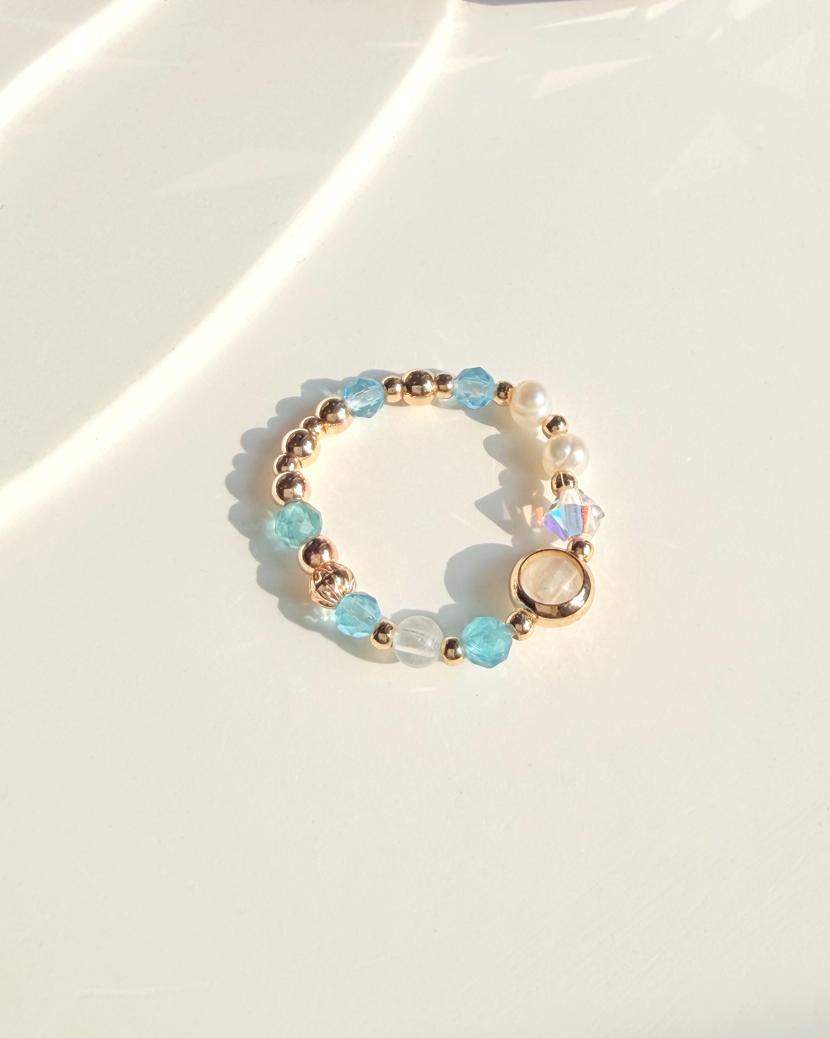 天然水晶 淡水珍珠 蔚藍海岸系列 14K包金彈性戒指