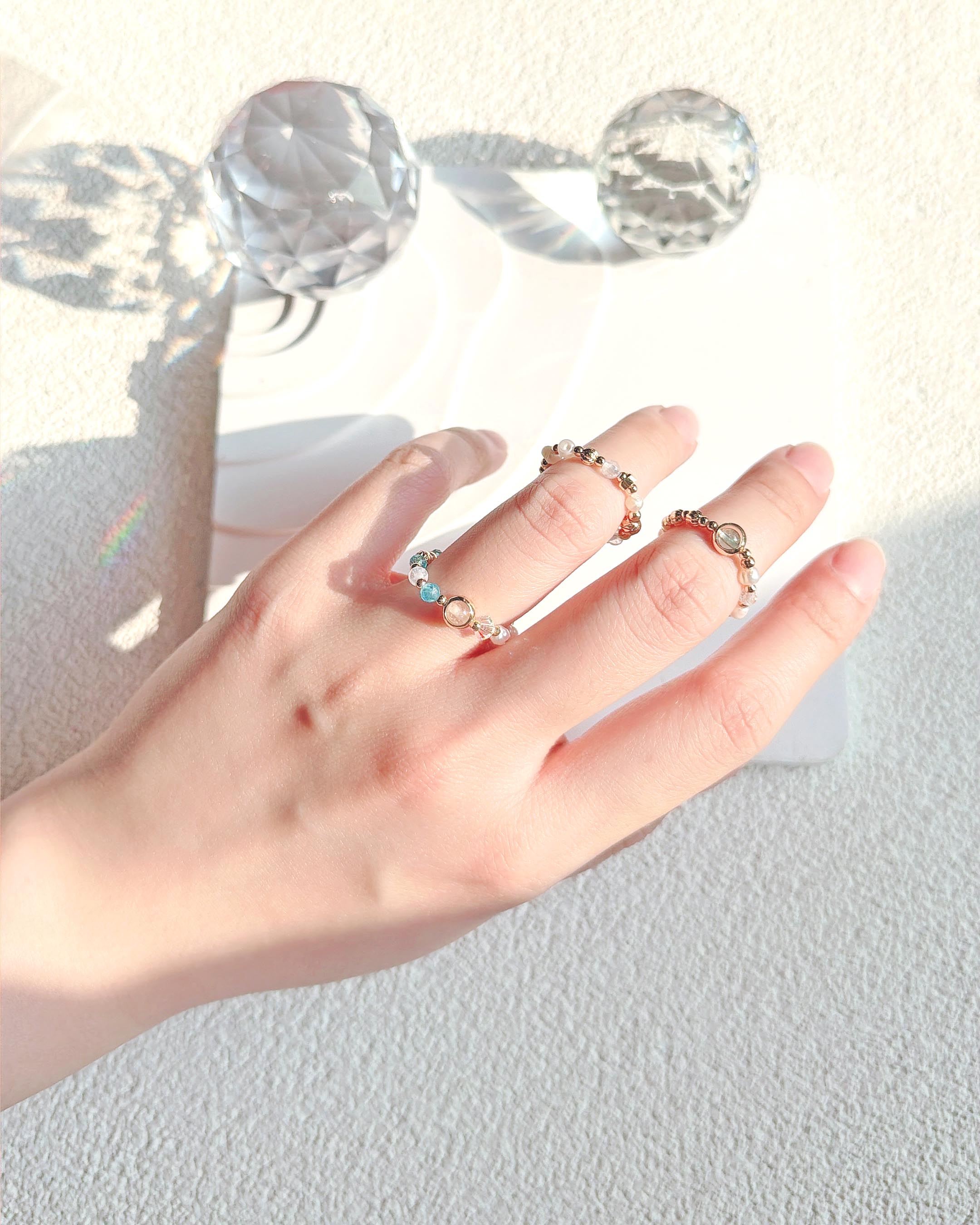 天然水晶 淡水珍珠 蔚藍海岸系列 14K包金彈性戒指