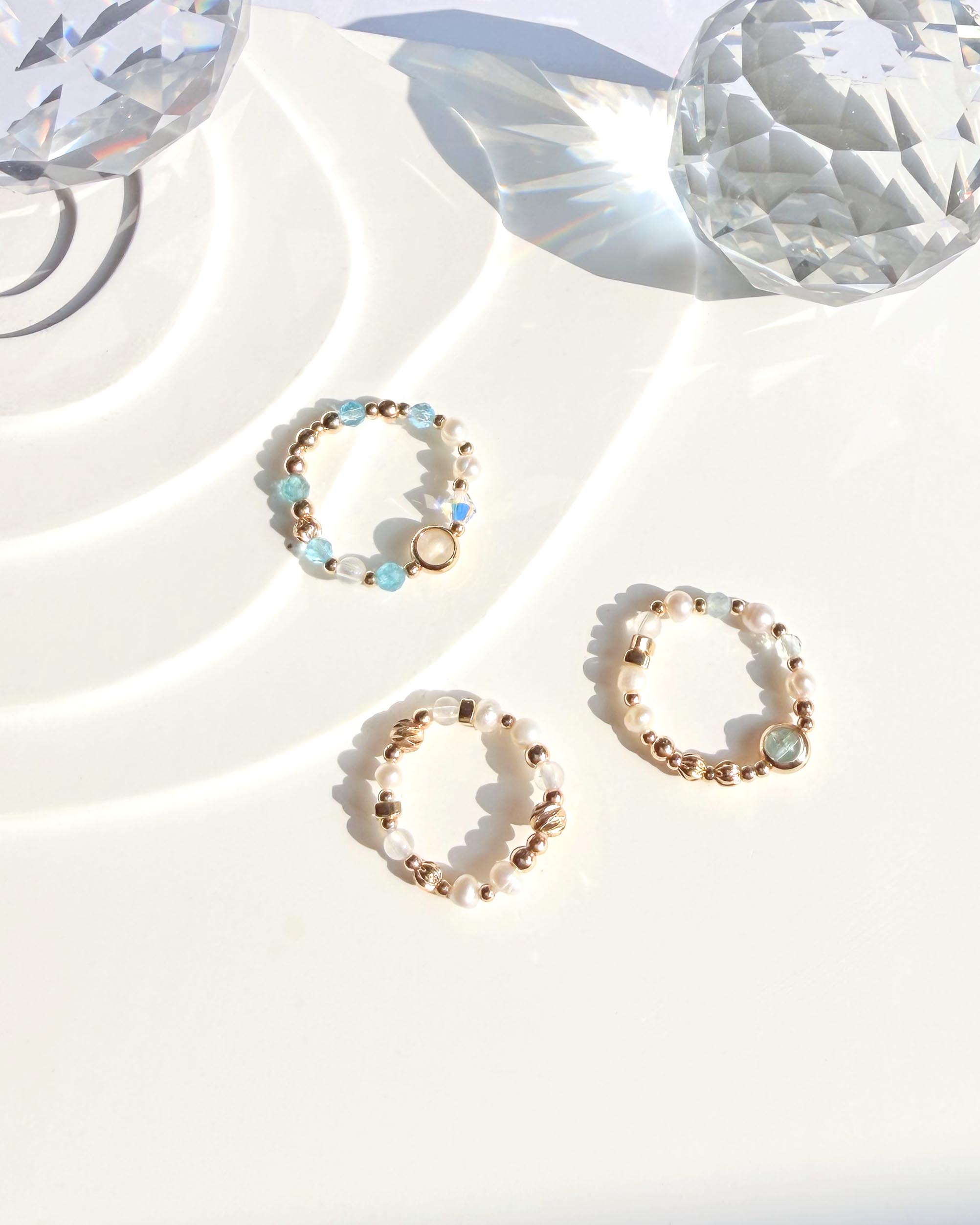 天然水晶 淡水珍珠 蔚藍海岸系列 14K包金彈性戒指