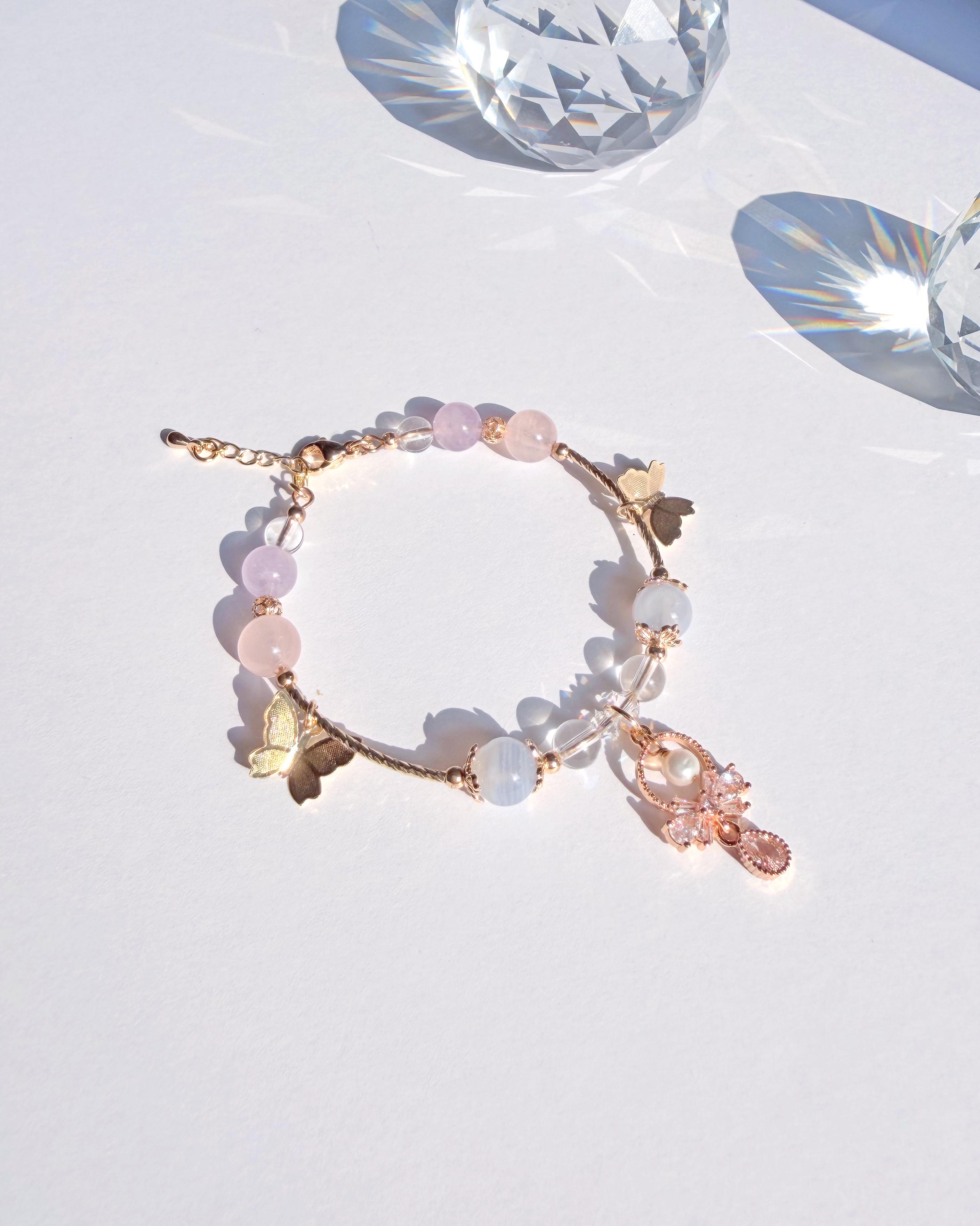 藍紋瑪瑙粉水晶薰衣草紫水晶白水晶 14K包金蝴蝶手環