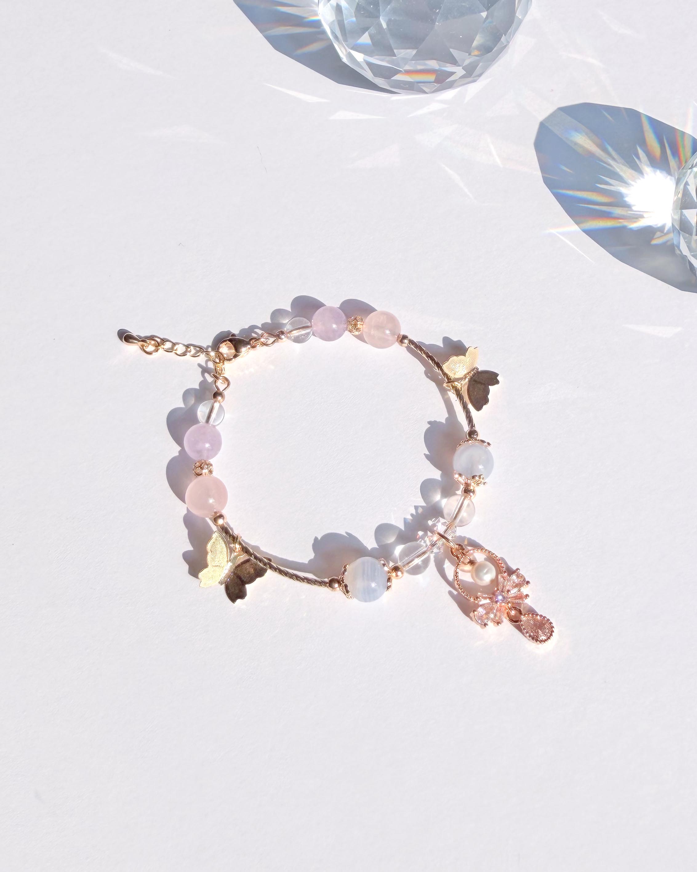 藍紋瑪瑙粉水晶薰衣草紫水晶白水晶 14K包金蝴蝶手環