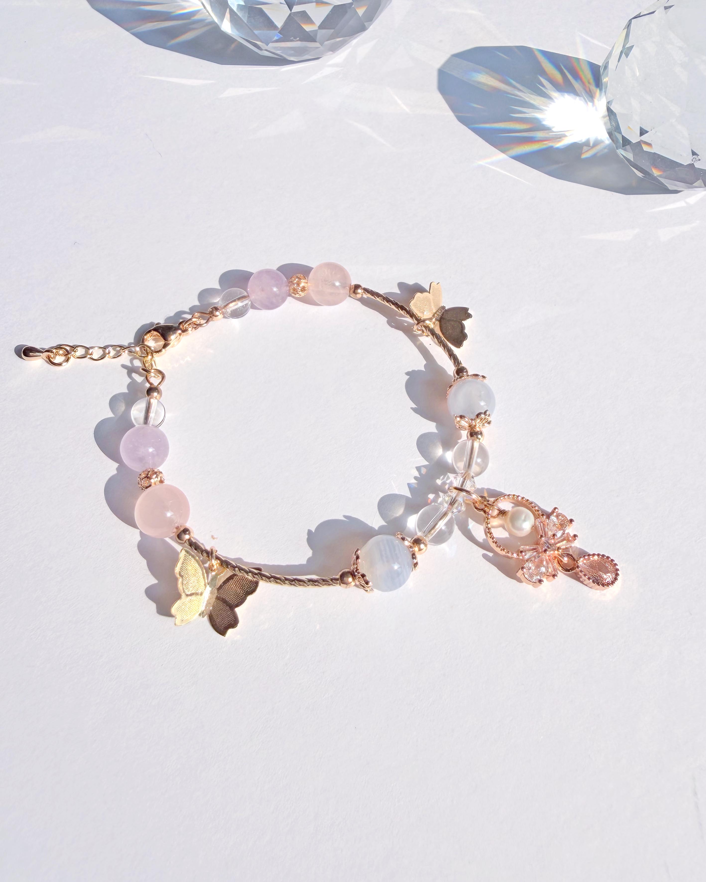 藍紋瑪瑙粉水晶薰衣草紫水晶白水晶 14K包金蝴蝶手環