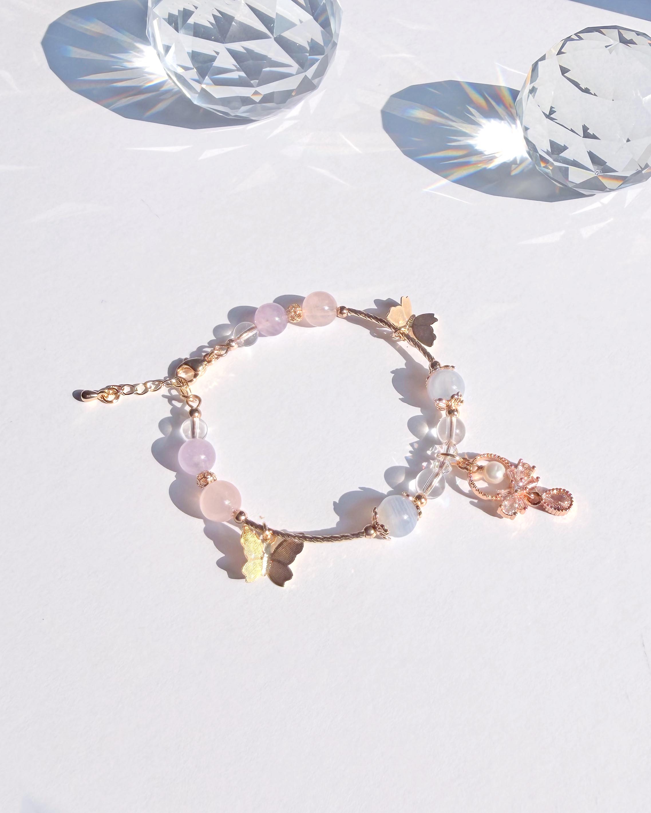 藍紋瑪瑙粉水晶薰衣草紫水晶白水晶 14K包金蝴蝶手環