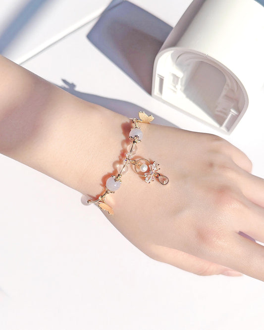 藍紋瑪瑙粉水晶薰衣草紫水晶白水晶 14K包金蝴蝶手環
