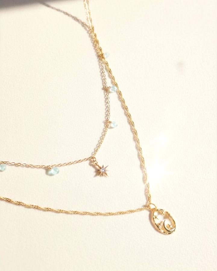 月光石&托帕石14K包金「星月相隨」雙層項鍊鎖骨鍊