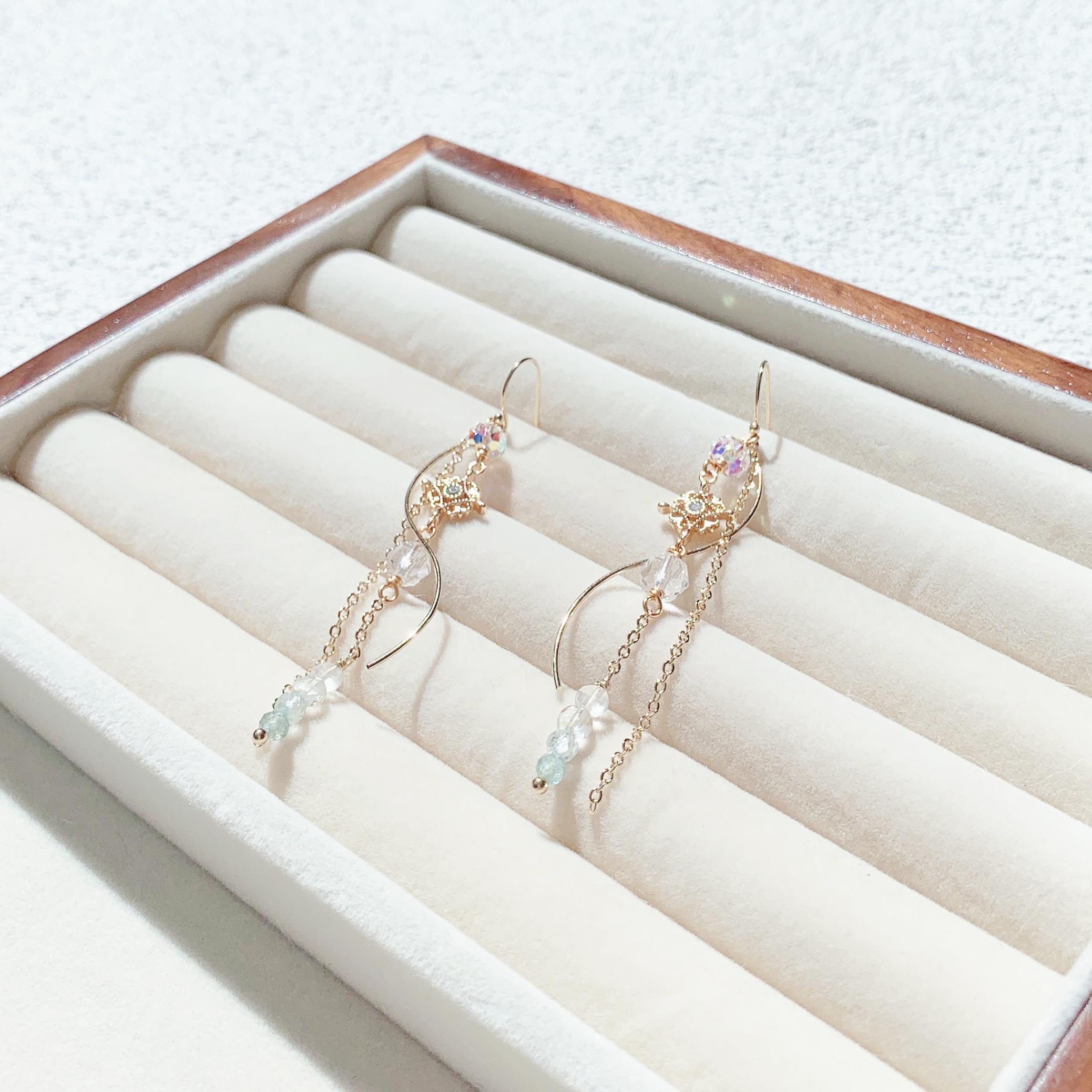 Diamond-cut white crystal moonstone topaz aquamarine phosphorus 14K gold-filled earrings