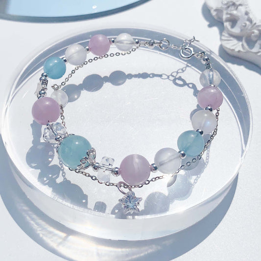 海藍寶紫鋰輝月光石白水晶925純銀雙層手鍊
