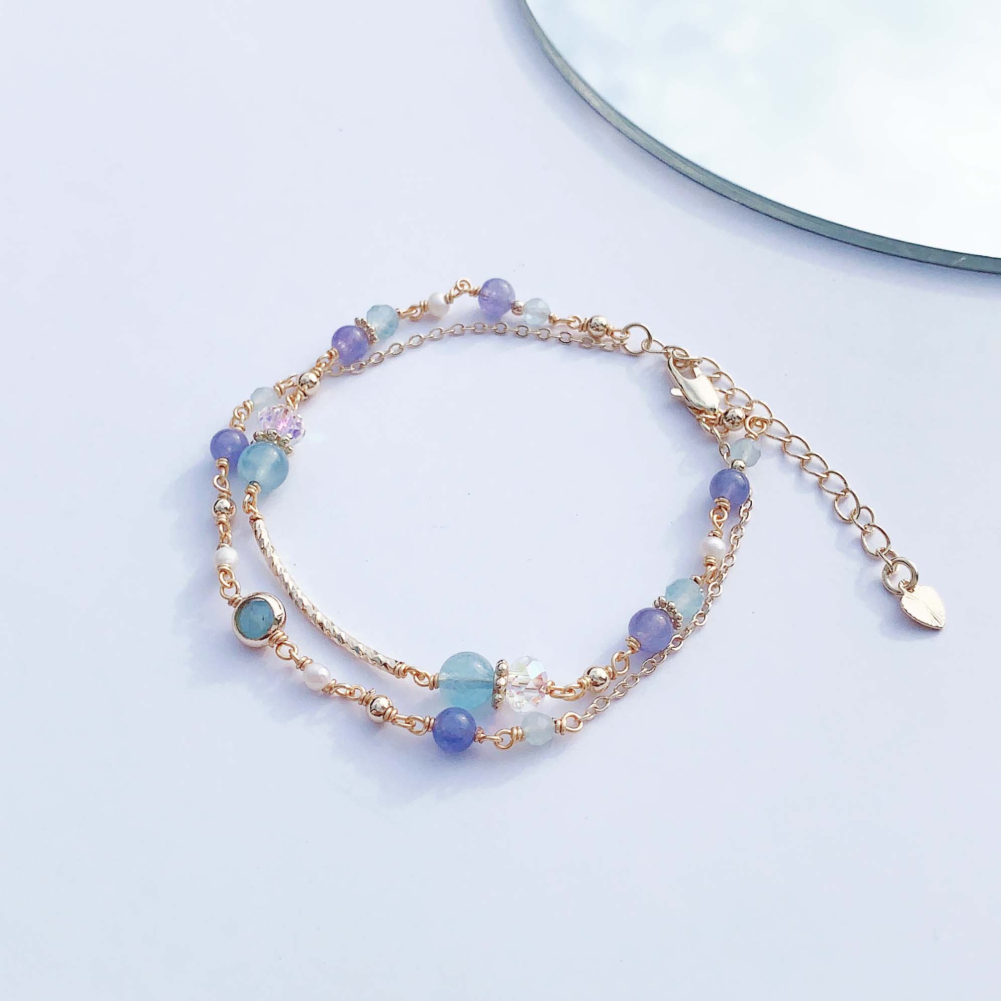 Tanzanite Aquamarine Freshwater Pearl 14K Gold Filled Double Layer Bracelet