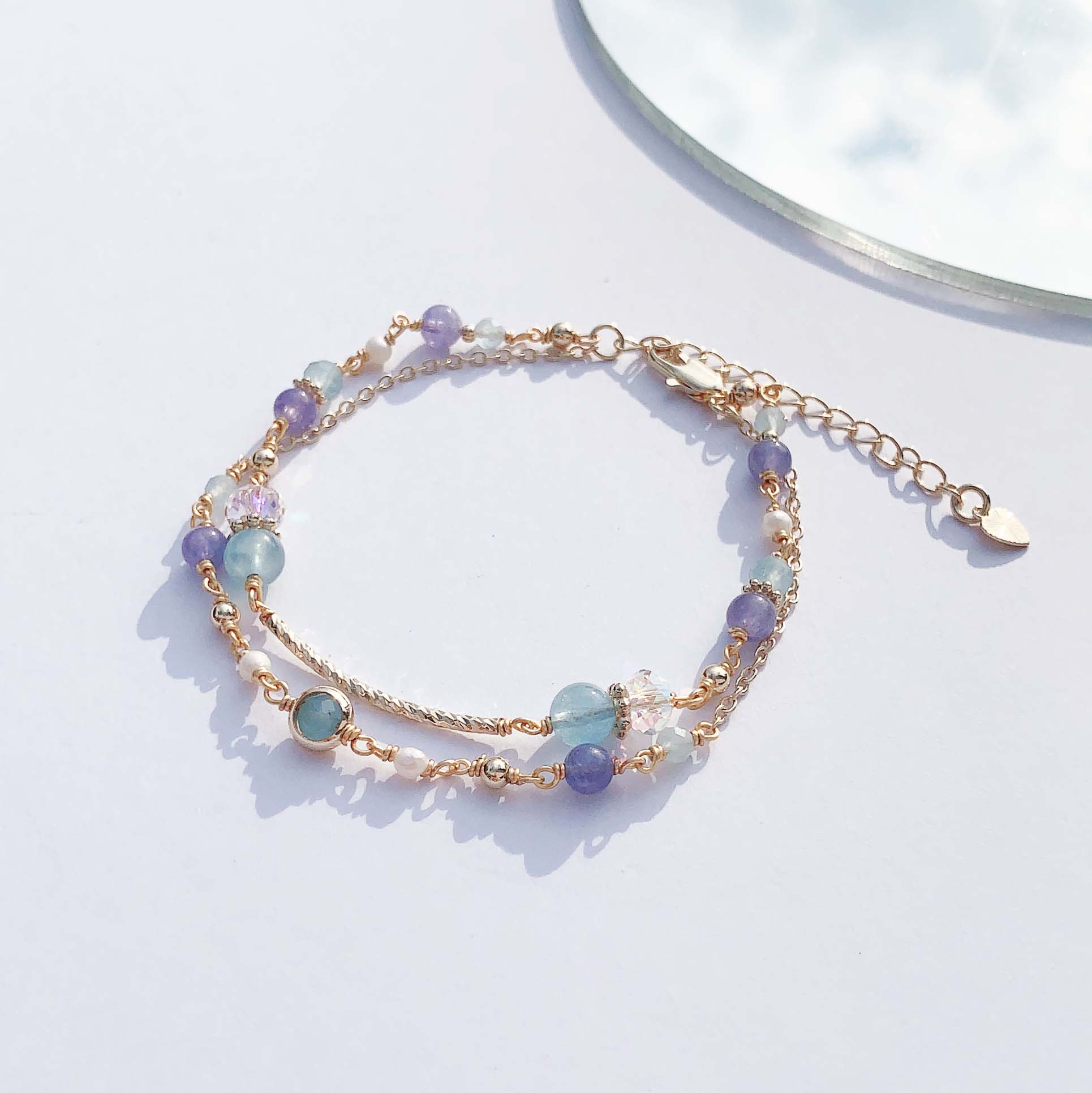 Tanzanite Aquamarine Freshwater Pearl 14K Gold Filled Double Layer Bracelet