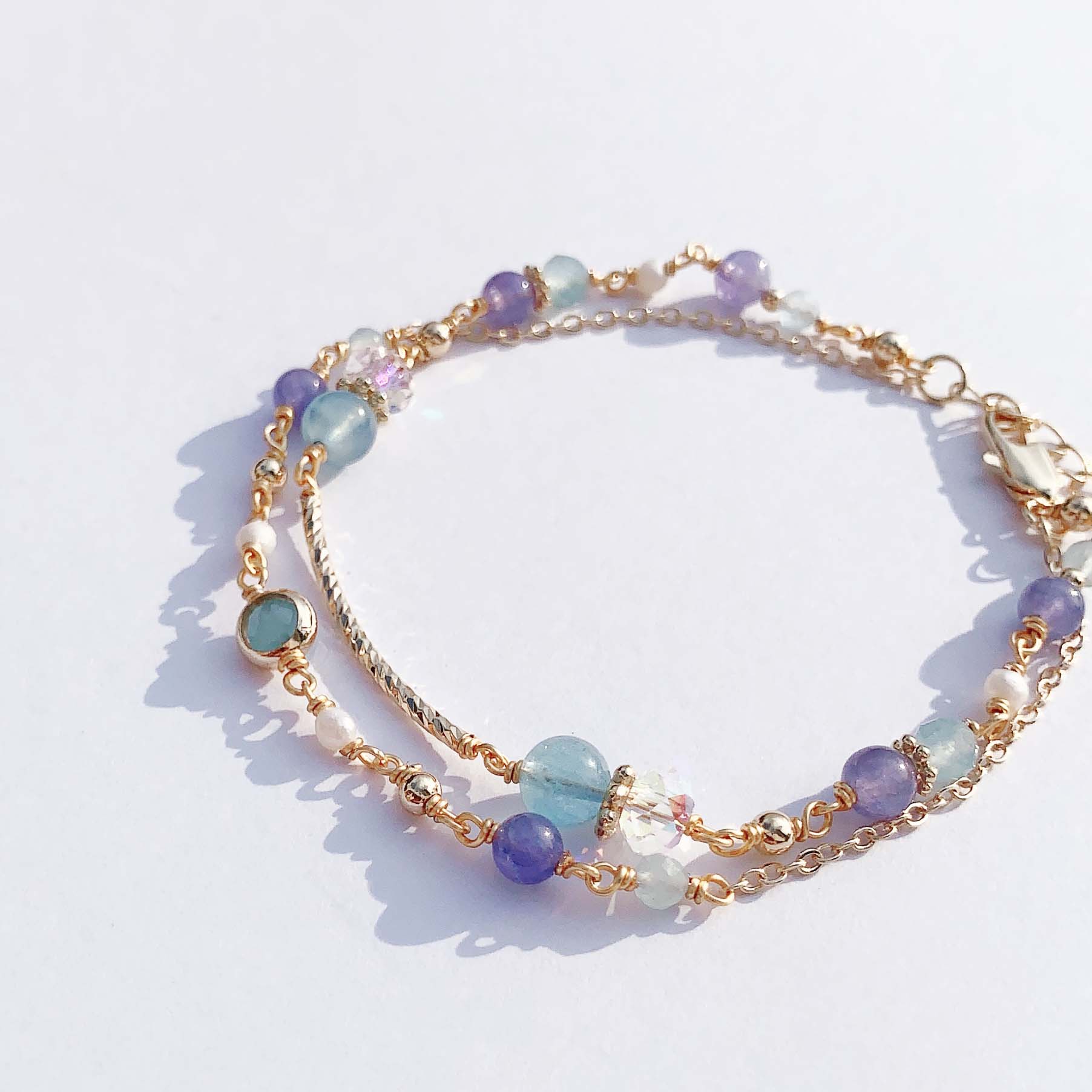 Tanzanite Aquamarine Freshwater Pearl 14K Gold Filled Double Layer Bracelet