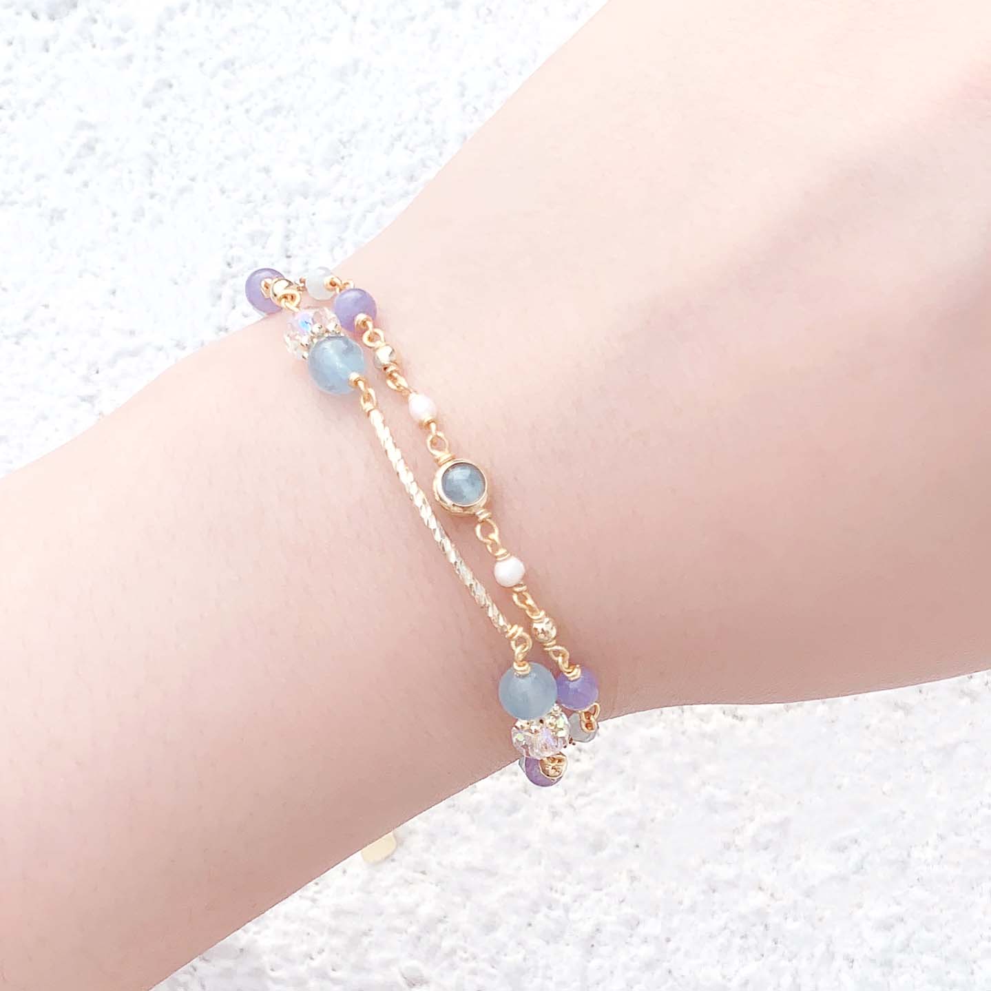 Tanzanite Aquamarine Freshwater Pearl 14K Gold Filled Double Layer Bracelet