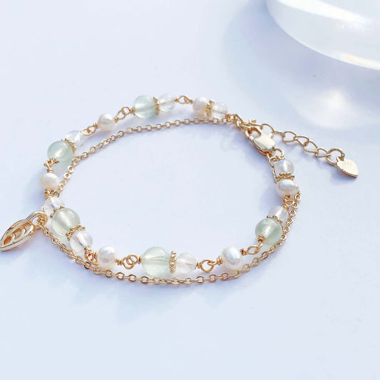 Prehnite moonstone freshwater pearl 14K gold-filled double layer bracelet
