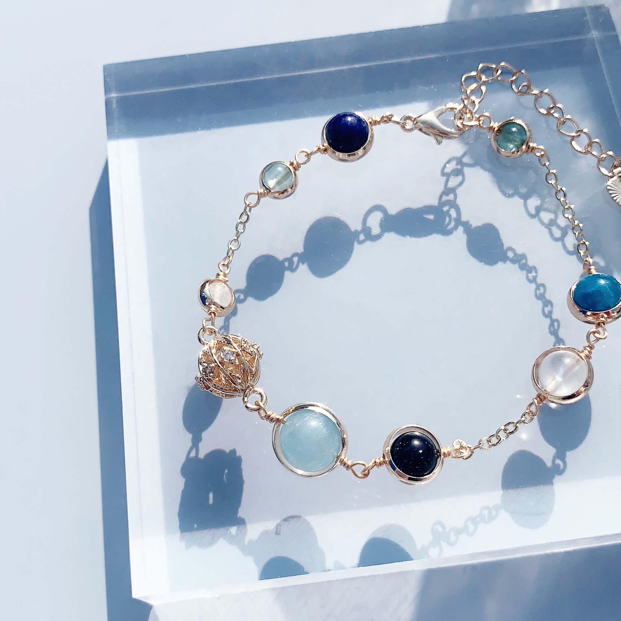 Aquamarine phosphorescent moonstone blue sandstone lapis lazuli 14K gold-filled bracelet