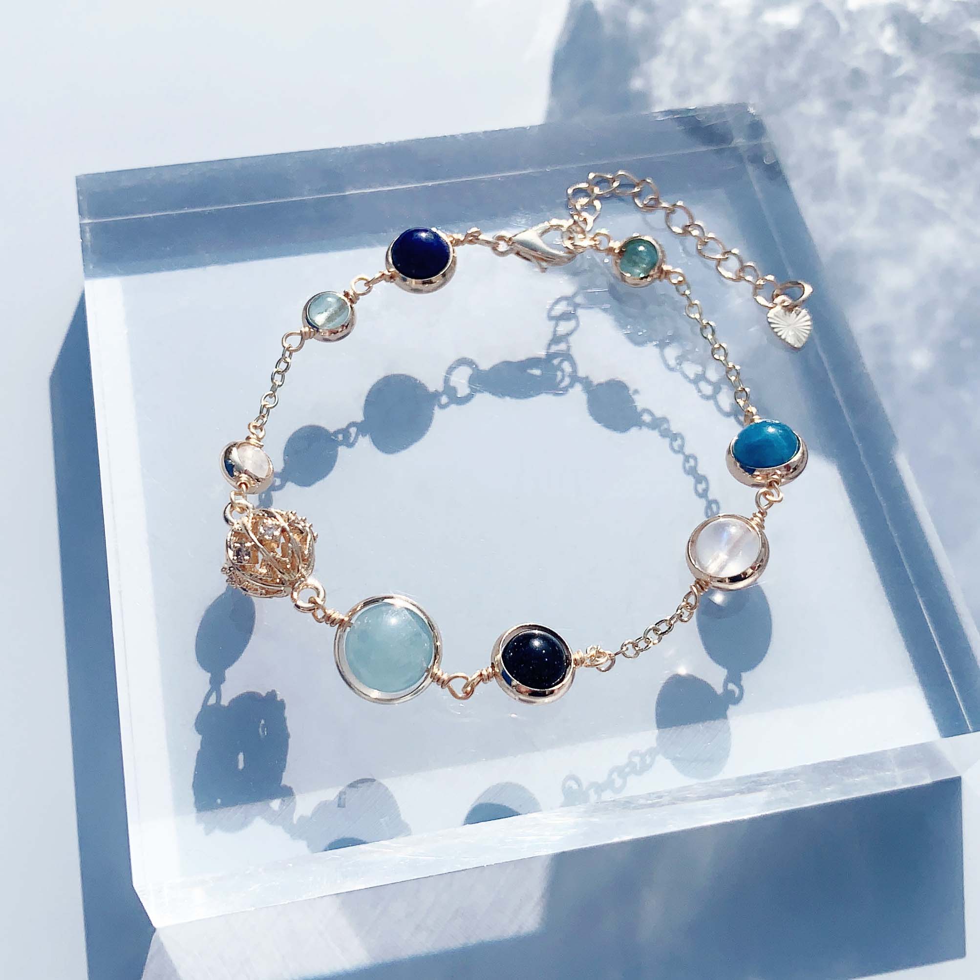 Aquamarine phosphorescent moonstone blue sandstone lapis lazuli 14K gold-filled bracelet