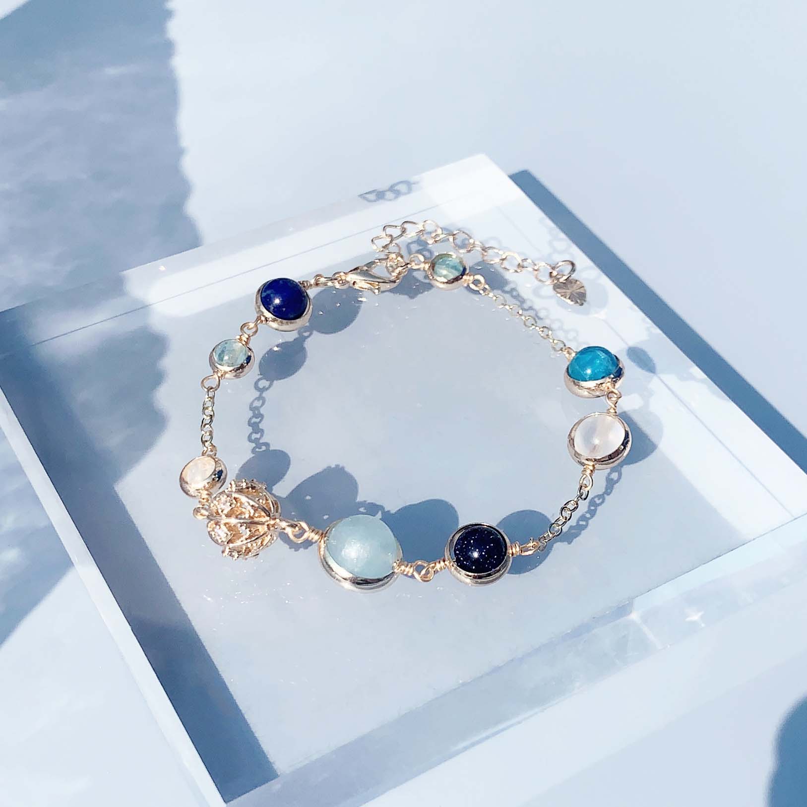 Aquamarine phosphorescent moonstone blue sandstone lapis lazuli 14K gold-filled bracelet