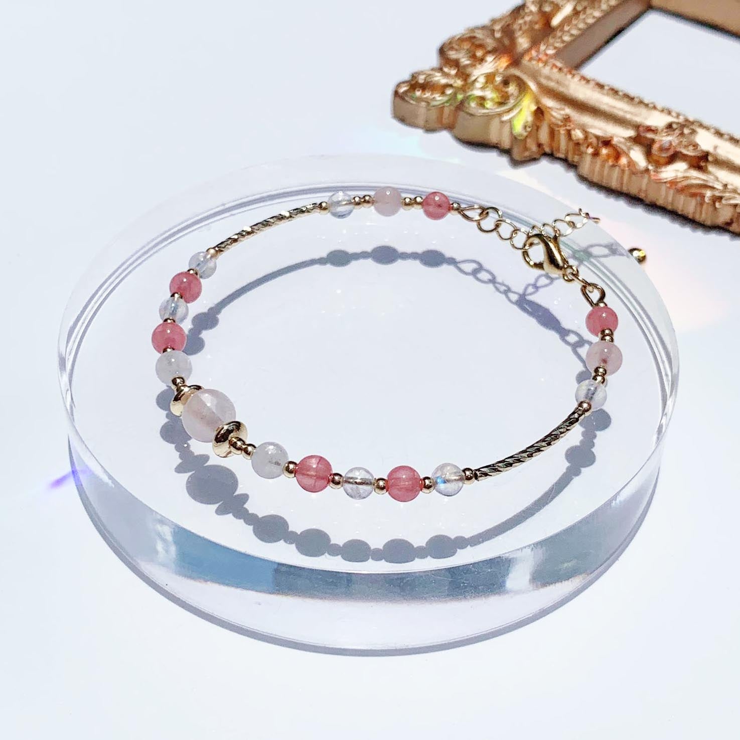 Rhodochrosite rose quartz moonstone 14k gold filled bracelet
