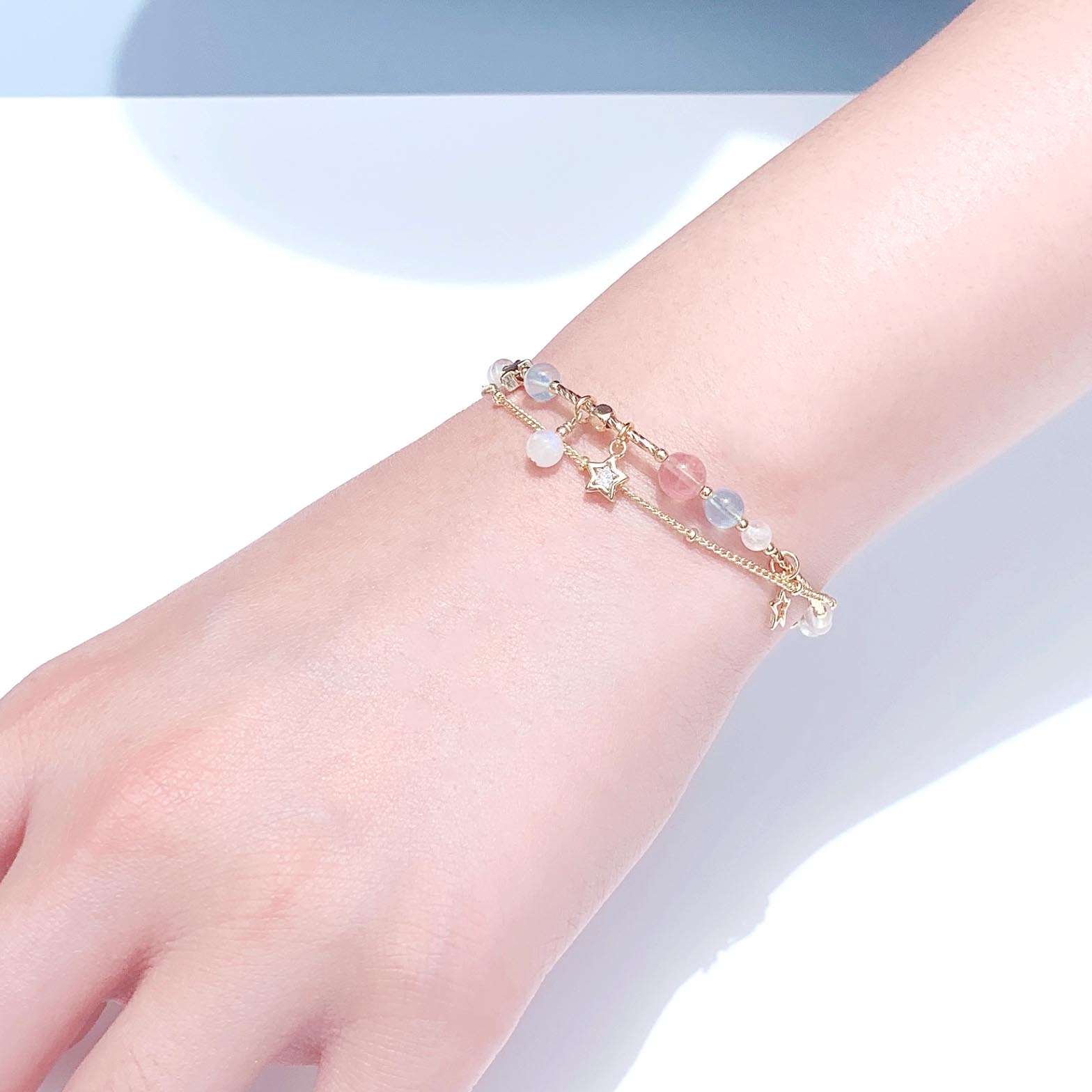 Rose quartz aquamarine moonstone 14k gold filled bracelet