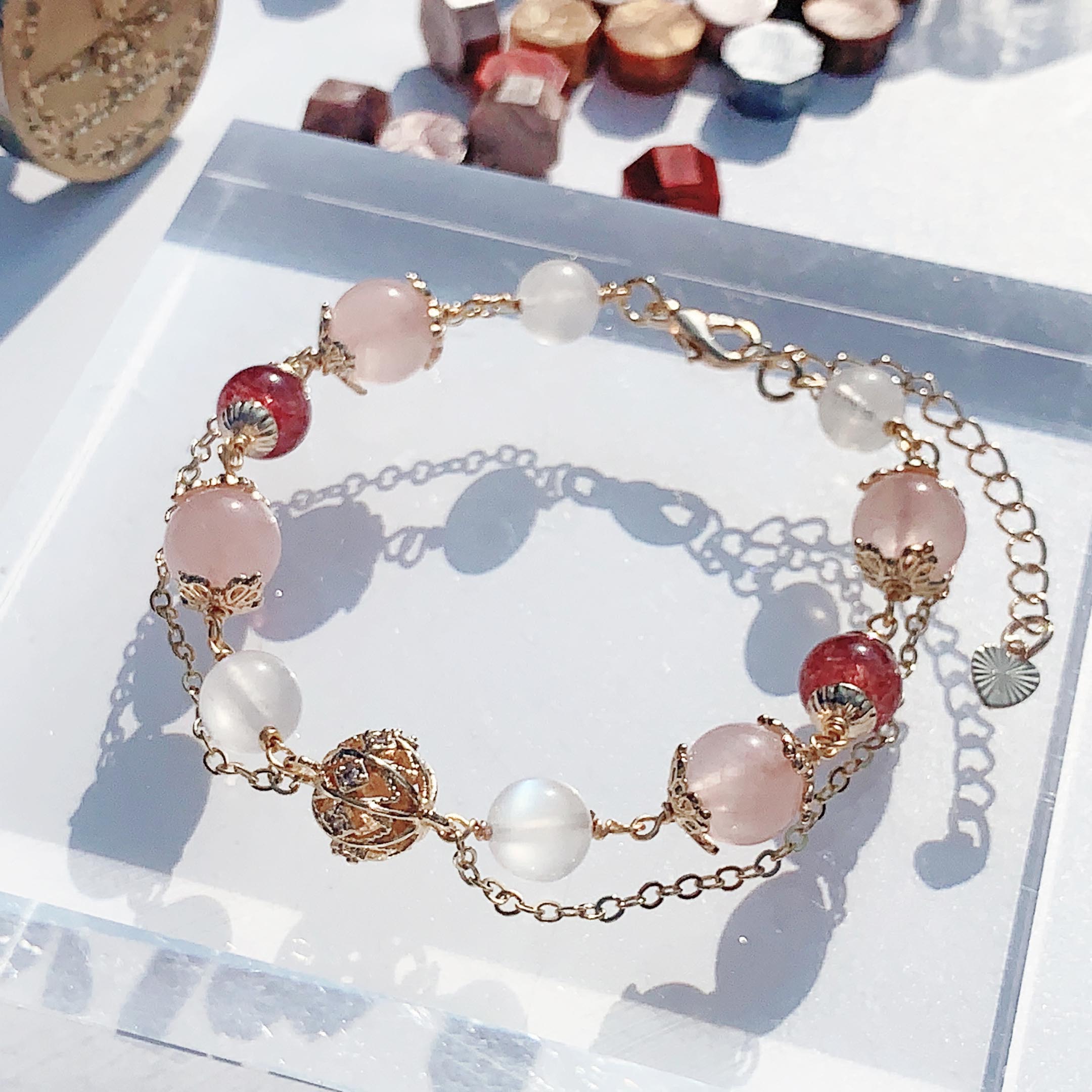 Strawberry Quartz Rose Quartz Moonstone 14k Gold Filled Bracelet