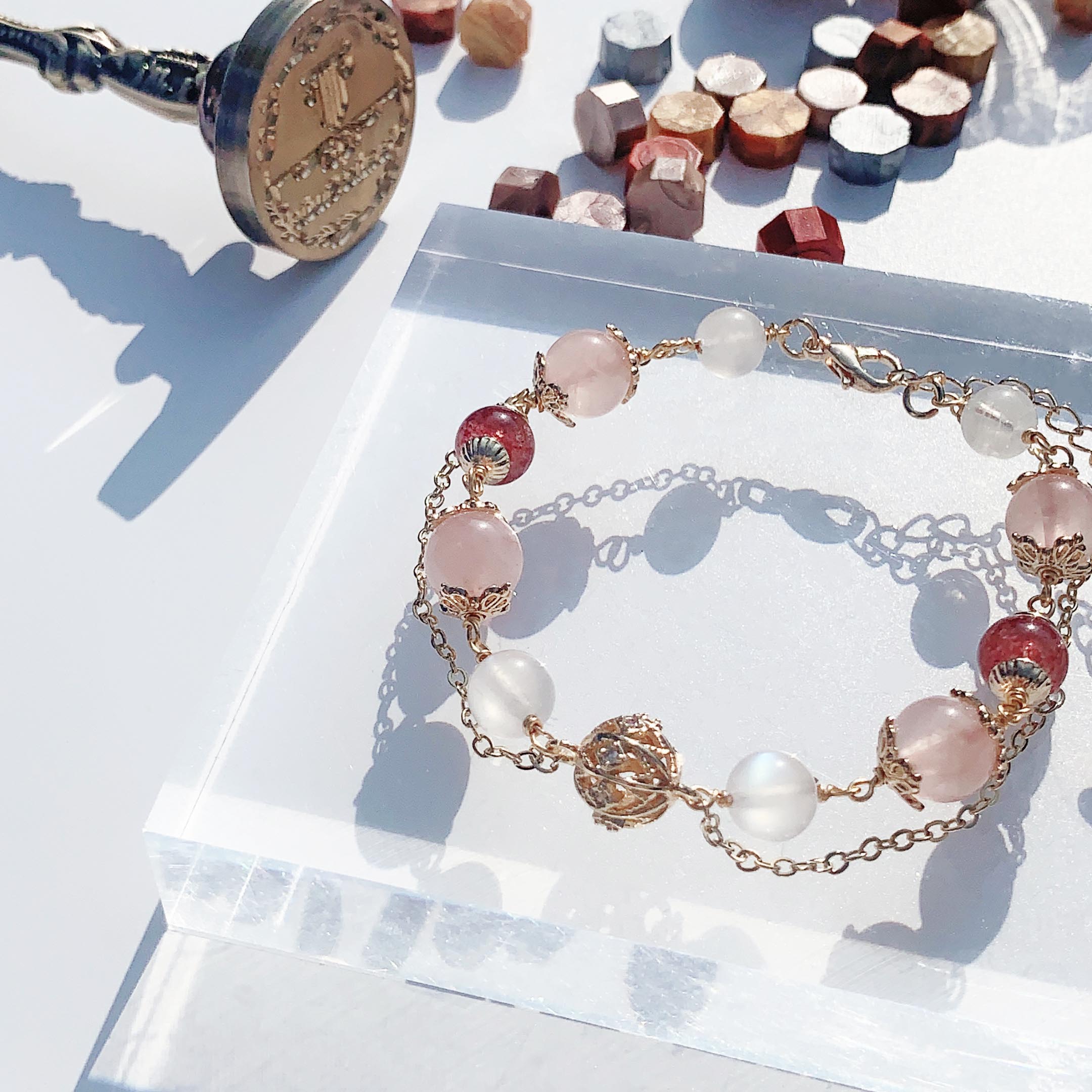 Strawberry Quartz Rose Quartz Moonstone 14k Gold Filled Bracelet