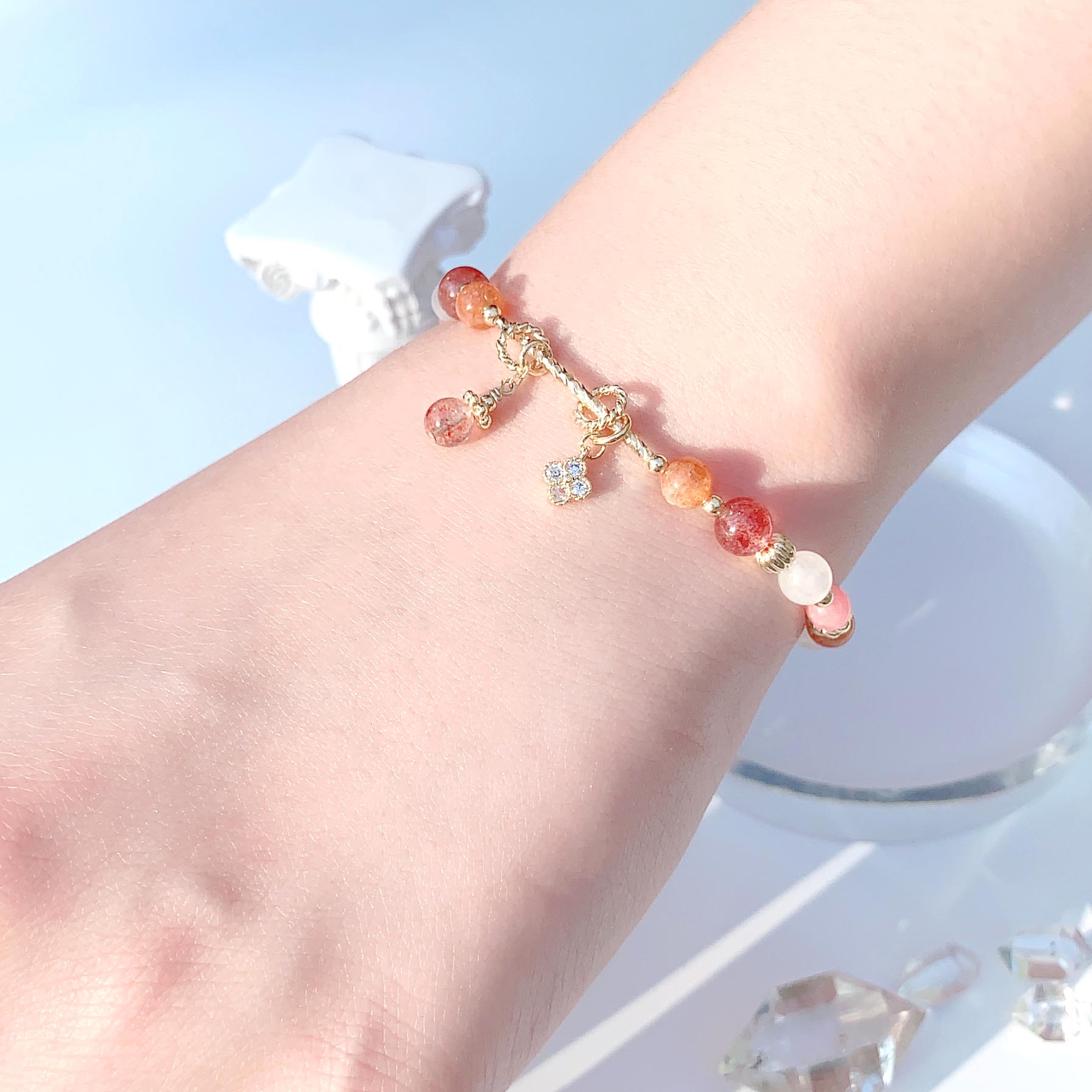 Golden Sun Strawberry Crystal Moonstone Rhodochrosite 14k gold-filled bracelet