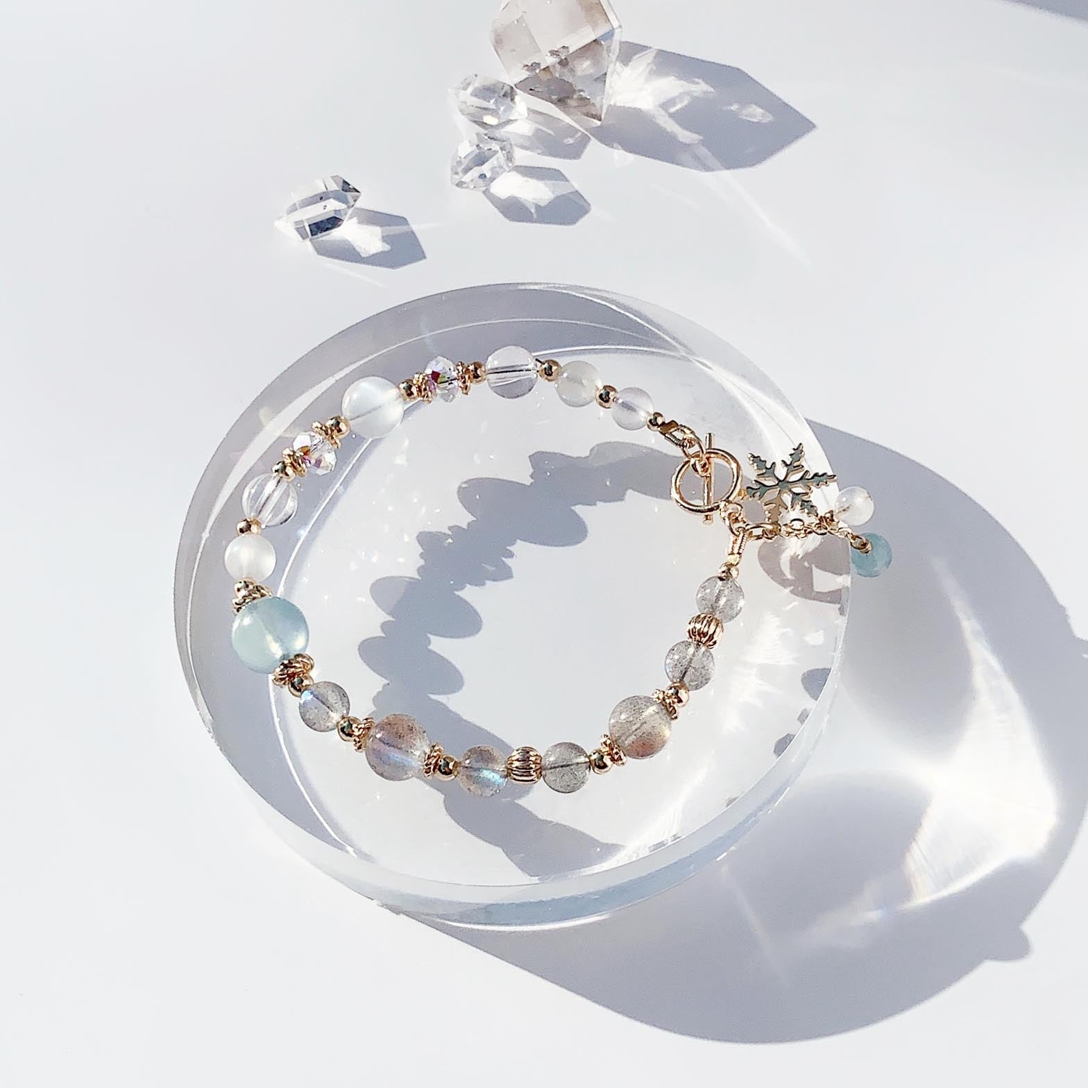 Aquamarine Moonstone Labradorite White Crystal 14k Gold Filled Bracelet