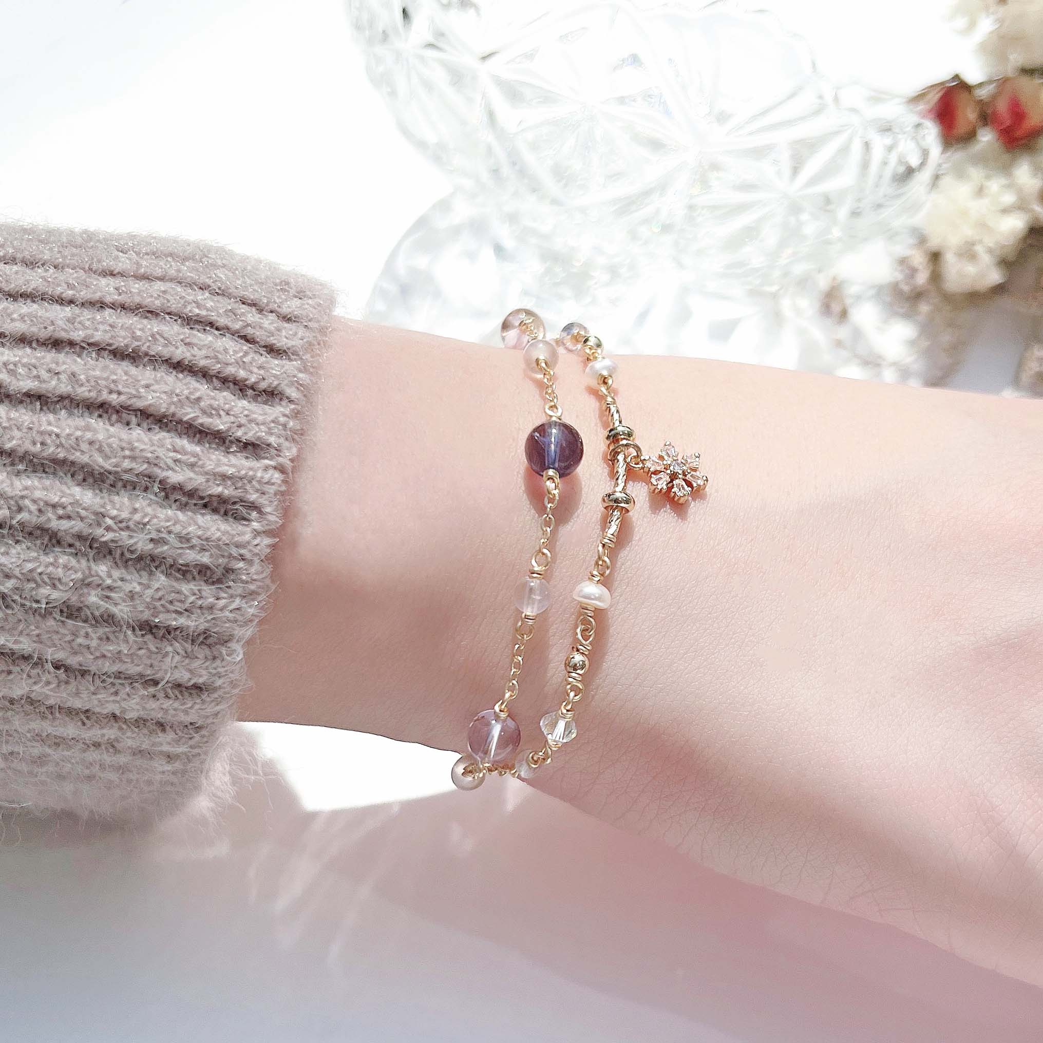 堇青石紫水晶月光石坦桑石淡水珍珠14K包金手鏈