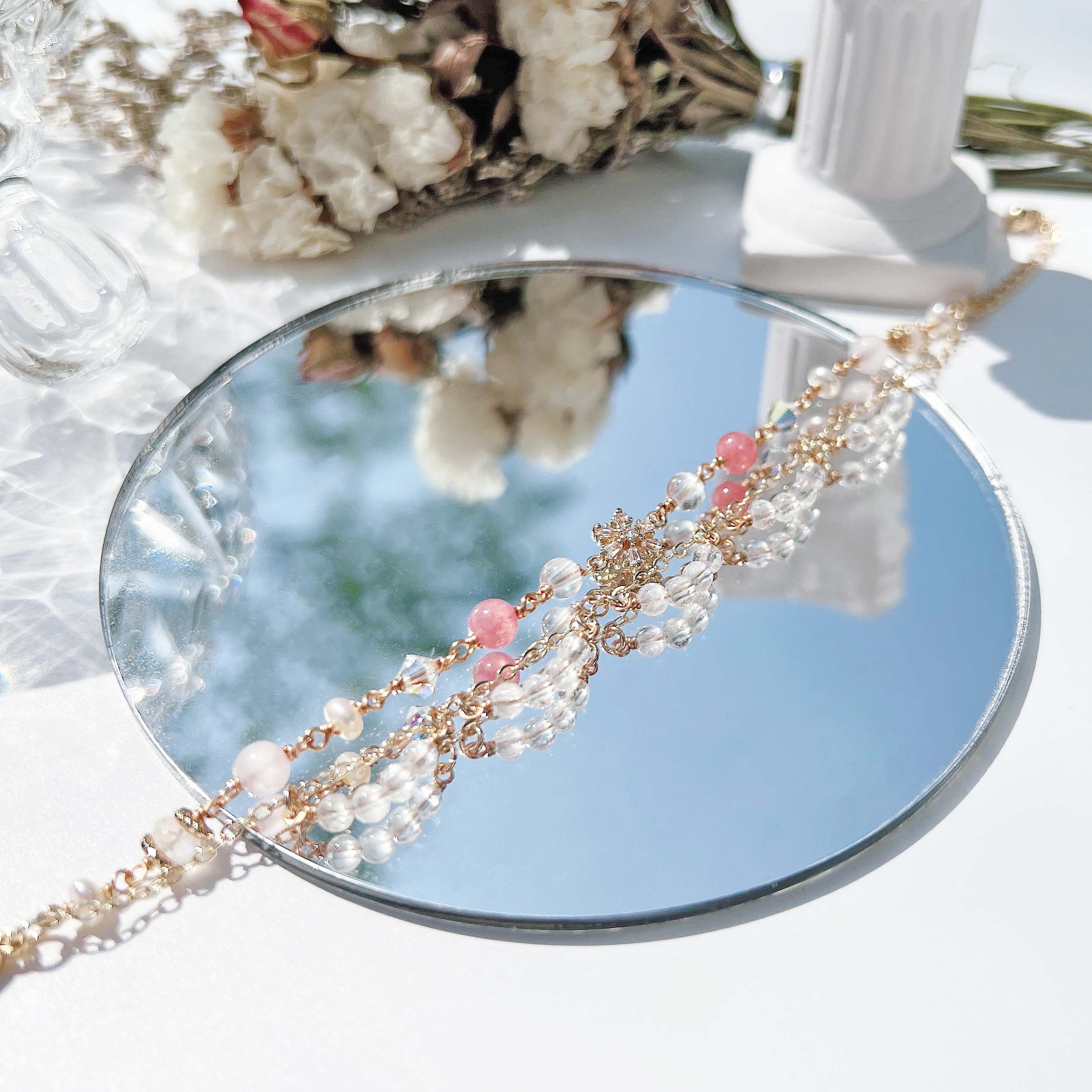 Rhodochrosite rose quartz moonstone freshwater pearl 14k gold-filled double layer bracelet