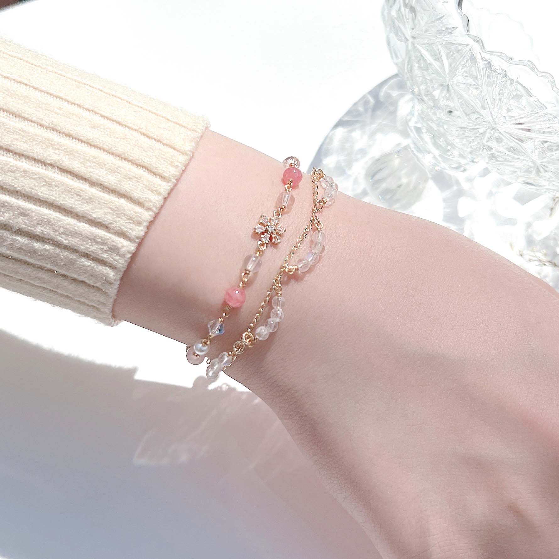 Rhodochrosite rose quartz moonstone freshwater pearl 14k gold-filled double layer bracelet