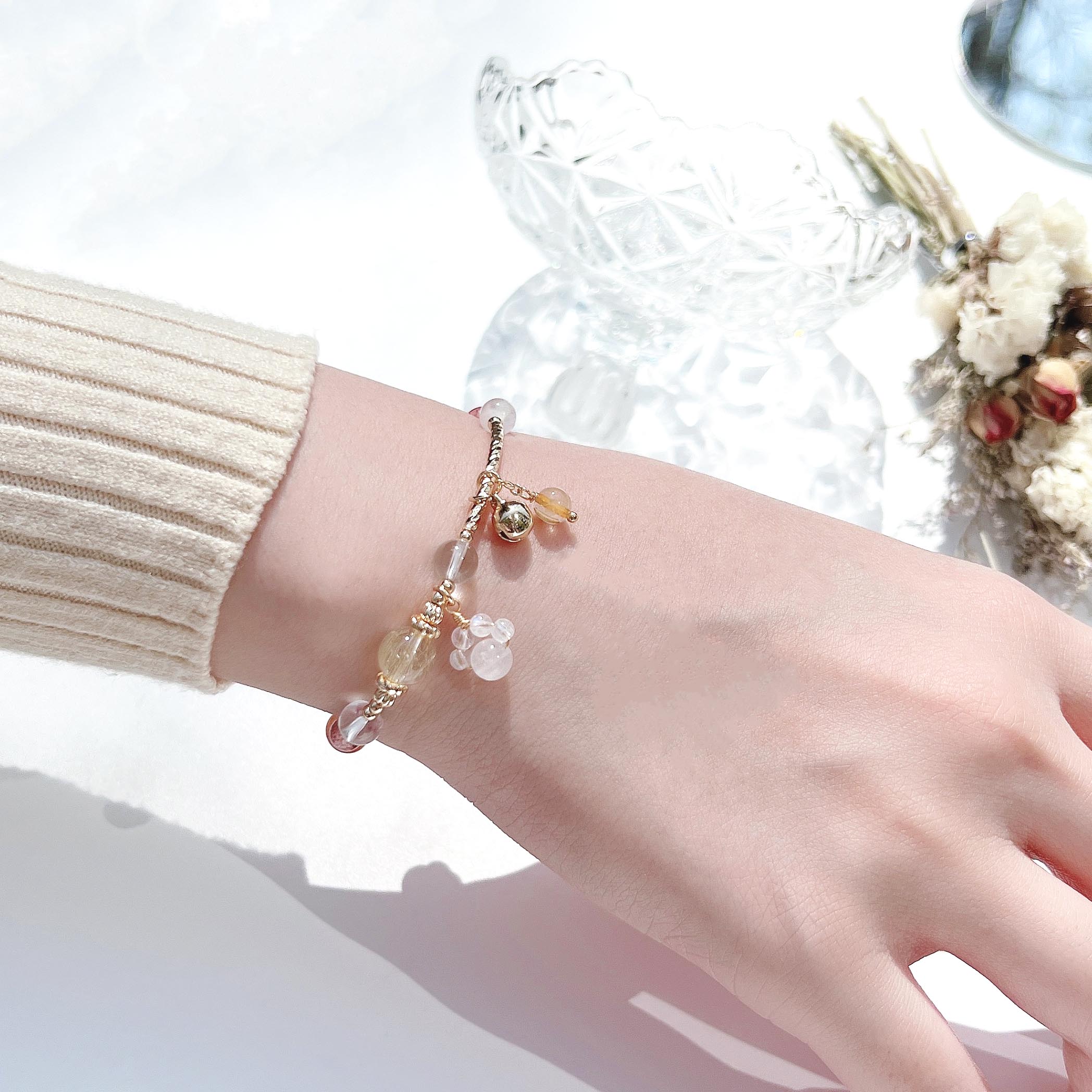 Blonde crystal gold sun strawberry crystal moonstone white crystal 14k gold-filled bracelet