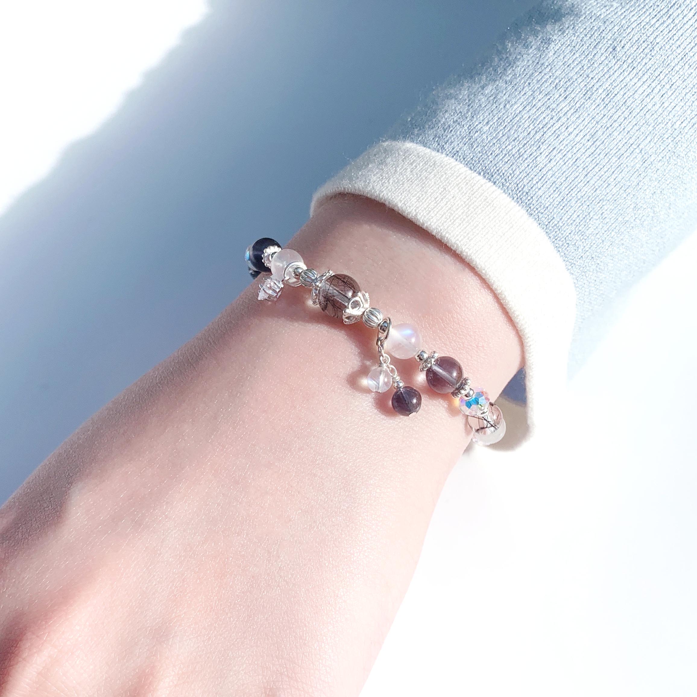 Cordierite moonstone black crystal S925 sterling silver bracelet