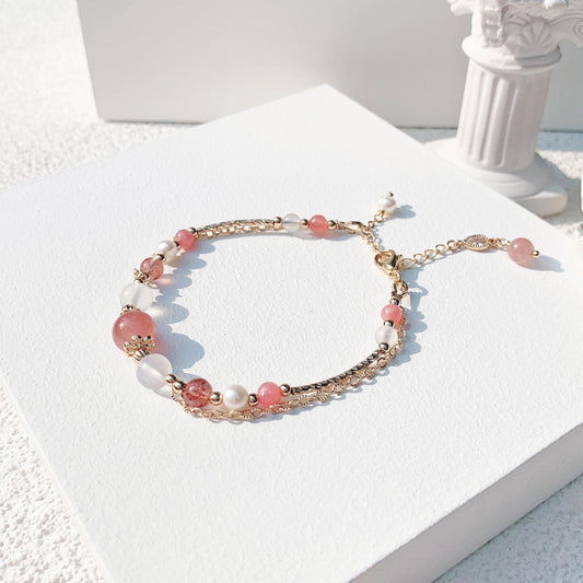 Rose Quartz Strawberry Quartz Rhododendron Moonstone Freshwater Pearl 14K Gold Filled Bracelet