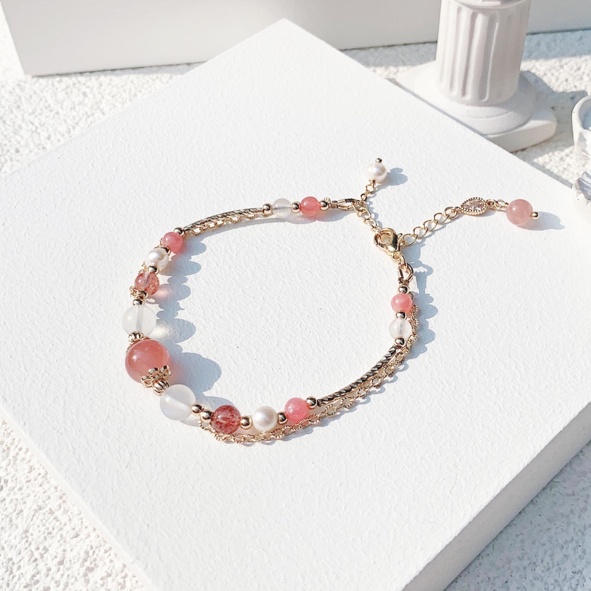 Rose Quartz Strawberry Quartz Rhododendron Moonstone Freshwater Pearl 14K Gold Filled Bracelet