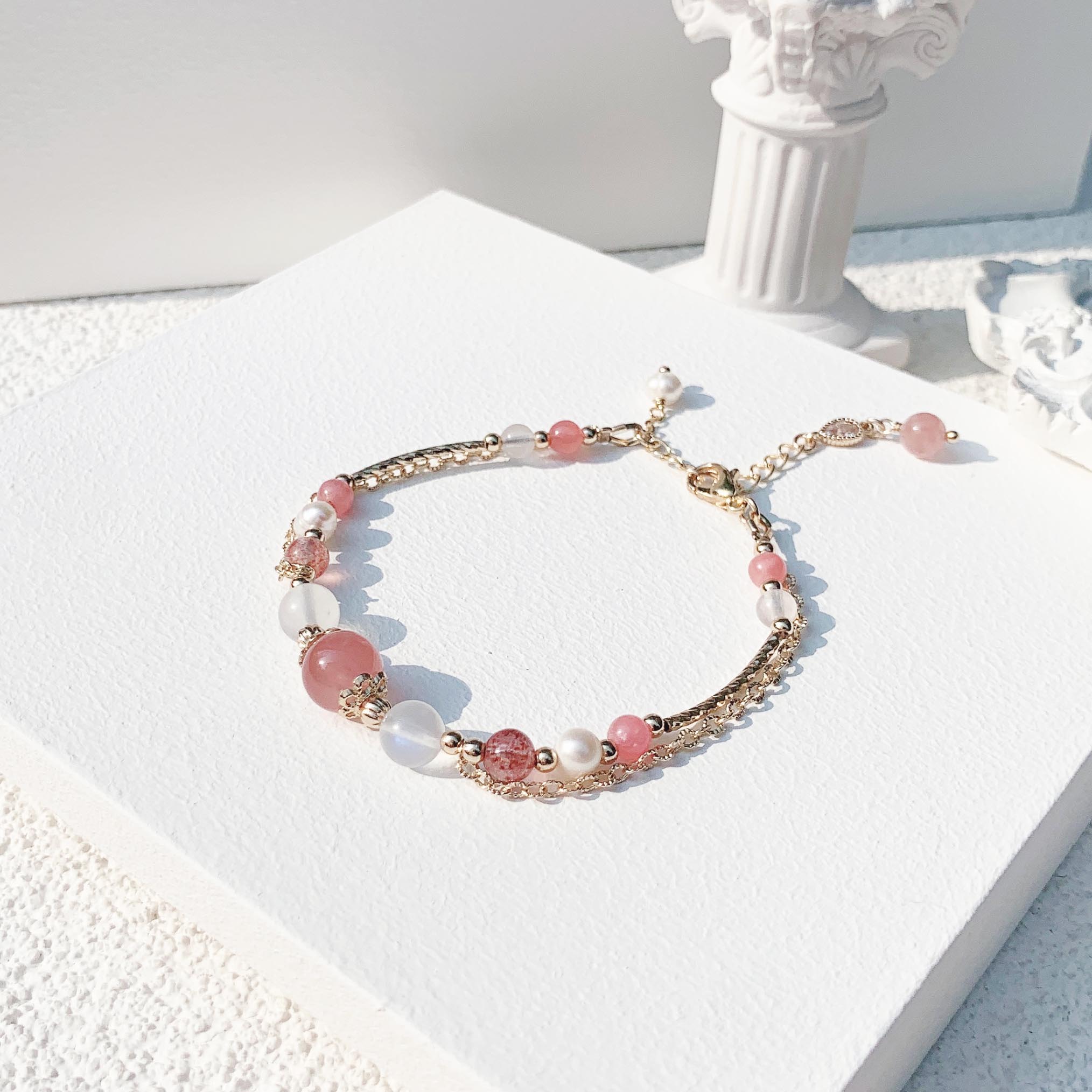 Rose Quartz Strawberry Quartz Rhododendron Moonstone Freshwater Pearl 14K Gold Filled Bracelet