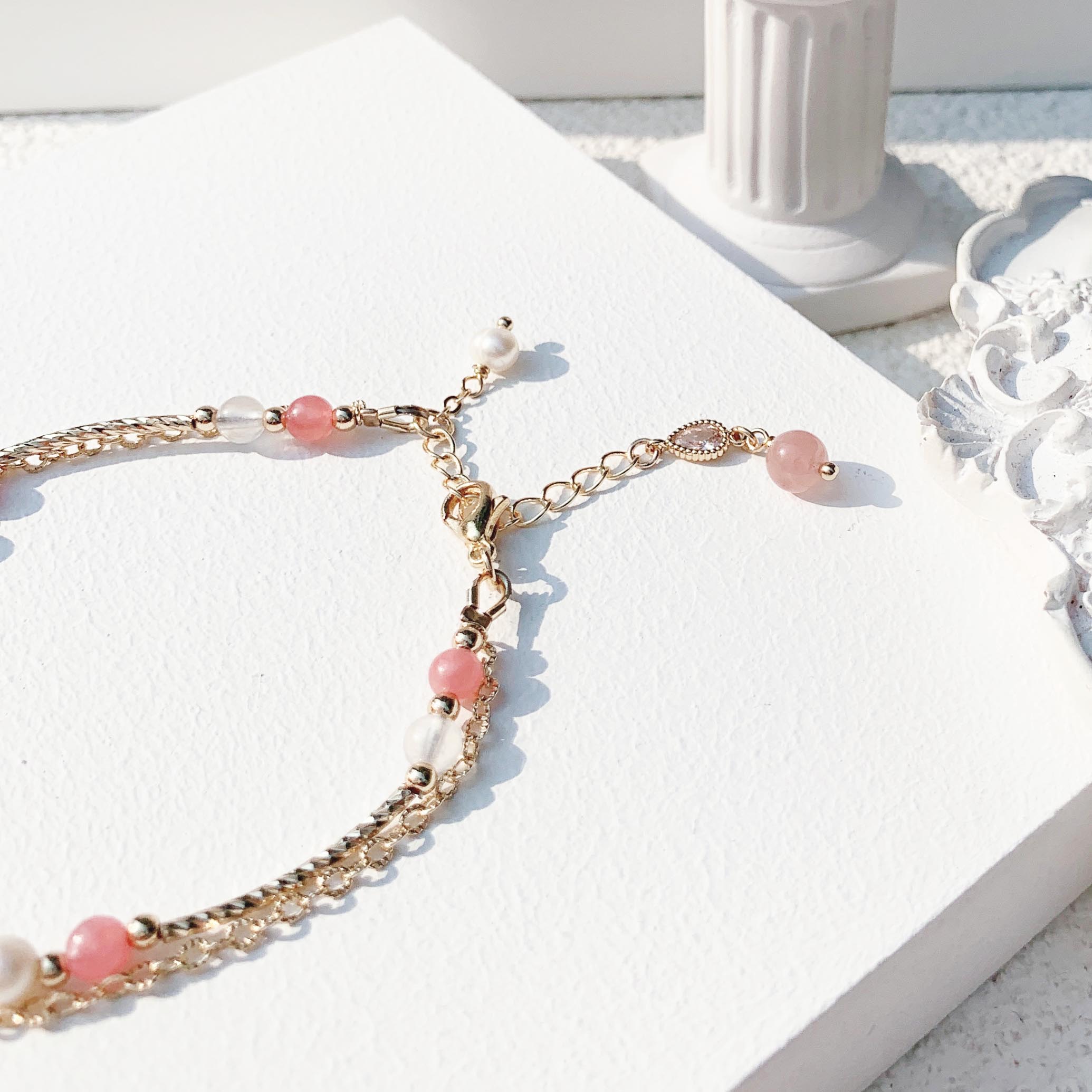 Rose Quartz Strawberry Quartz Rhododendron Moonstone Freshwater Pearl 14K Gold Filled Bracelet