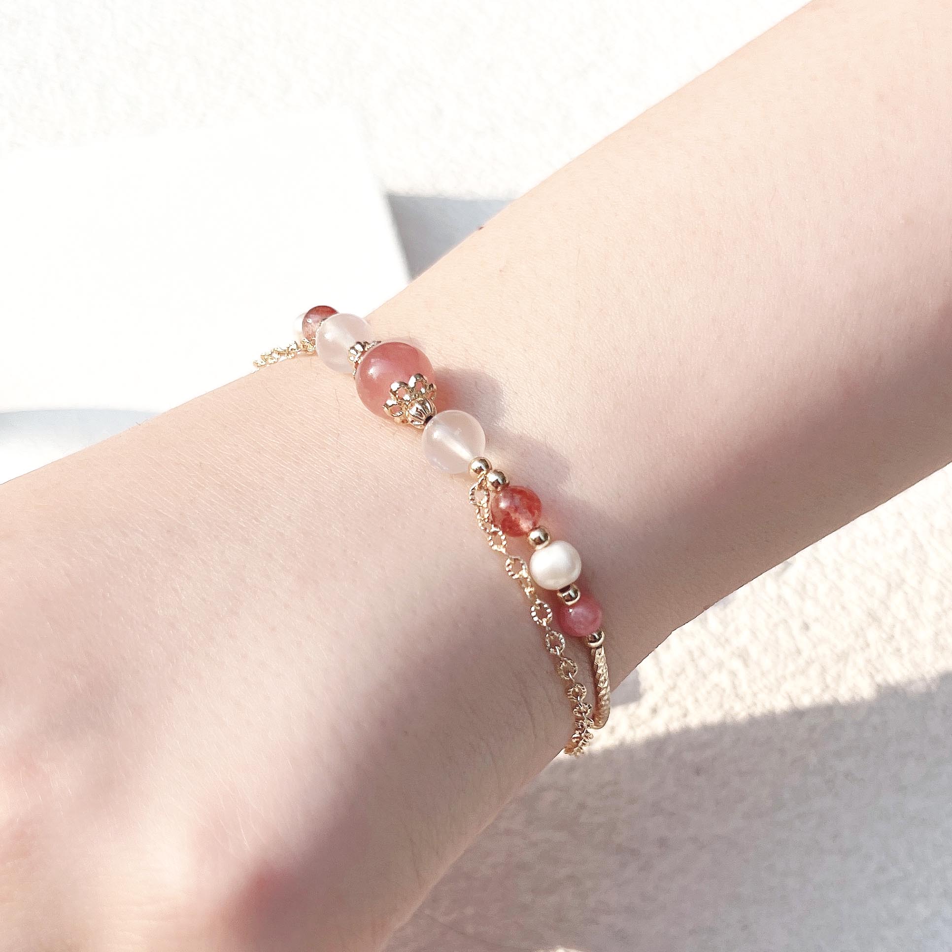 Rose Quartz Strawberry Quartz Rhododendron Moonstone Freshwater Pearl 14K Gold Filled Bracelet