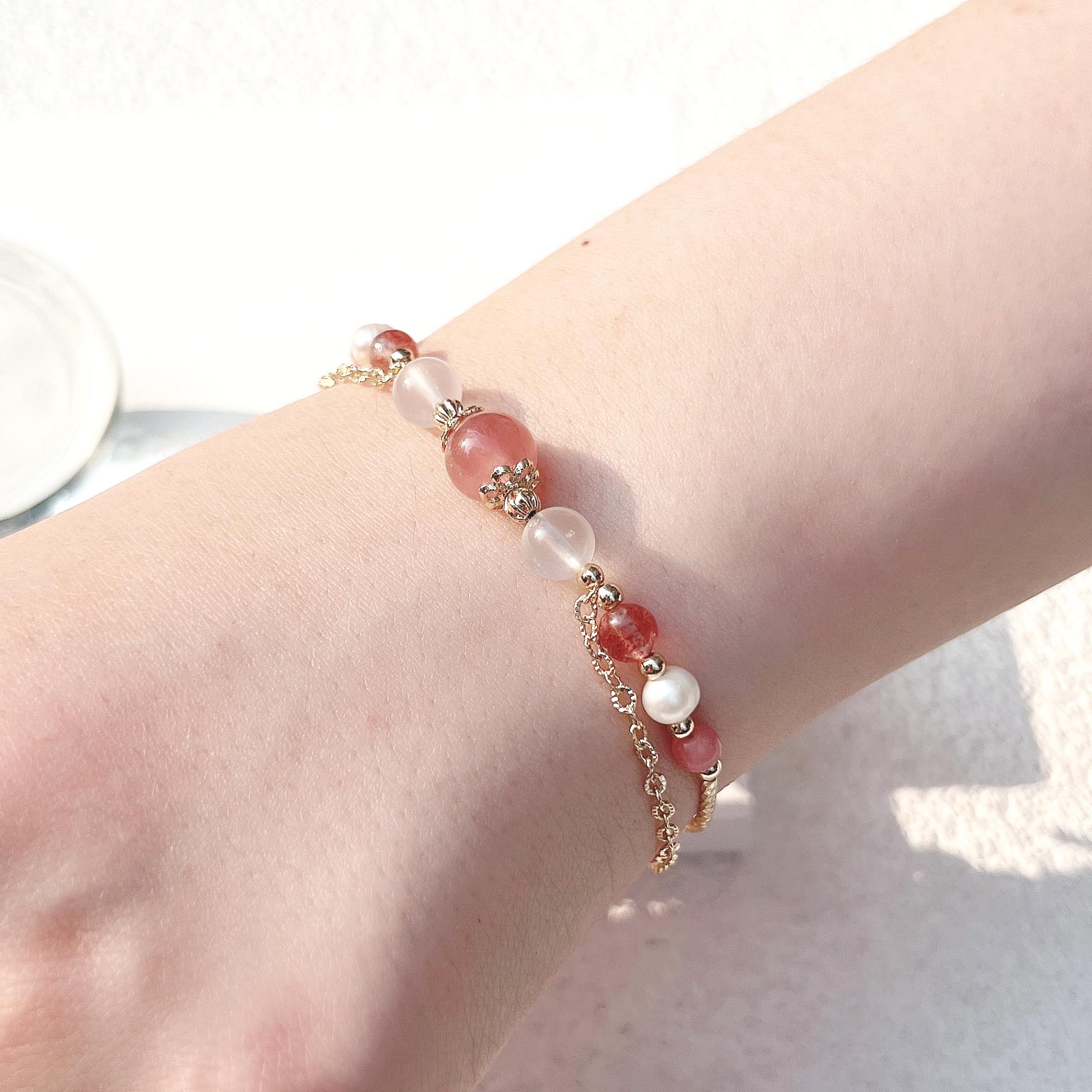 Rose Quartz Strawberry Quartz Rhododendron Moonstone Freshwater Pearl 14K Gold Filled Bracelet