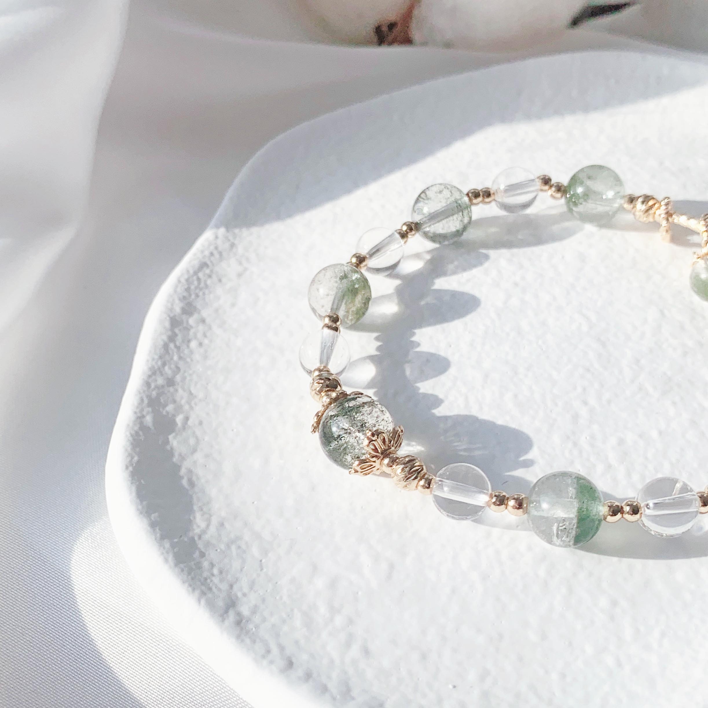 Green Ghost White Crystal 14k Gold Filled Bracelet